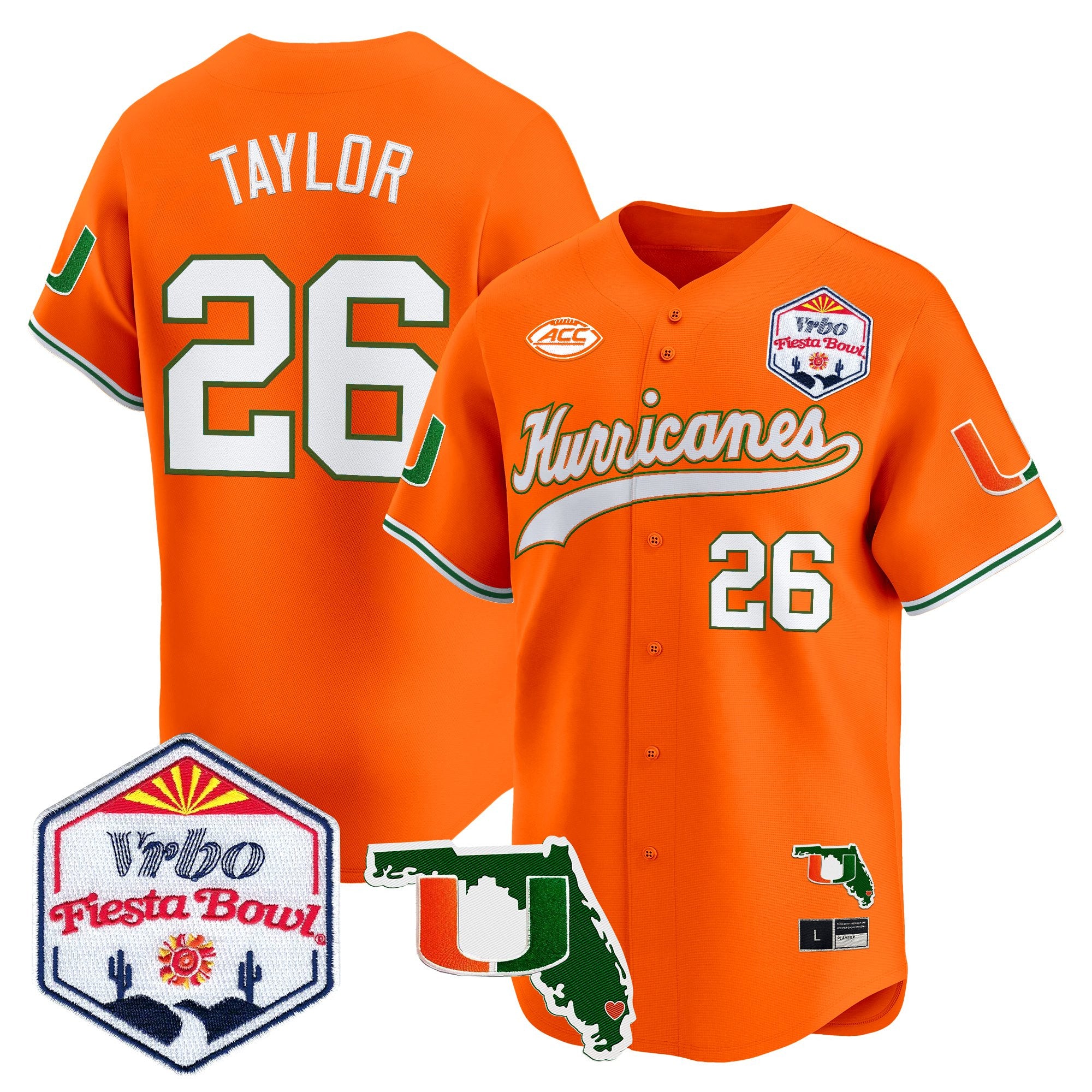 Men's Miami Hurricanes 2026 The Fiesta Bowl & Florida Patch Vapor Baseball Jersey - All Stitched