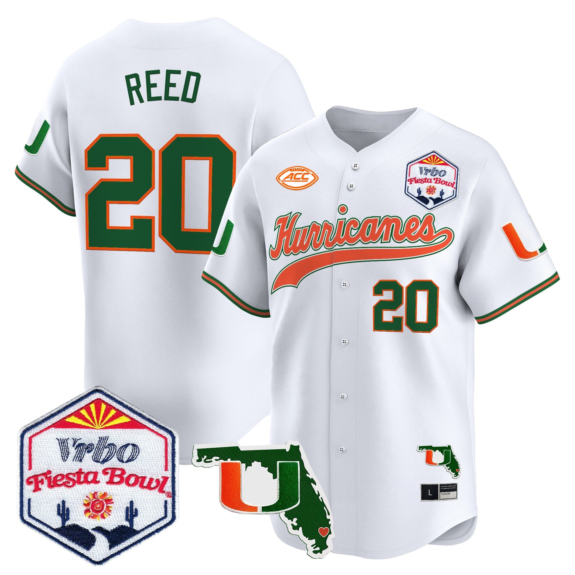 Men's Miami Hurricanes 2026 The Fiesta Bowl & Florida Patch Vapor Baseball Jersey - All Stitched