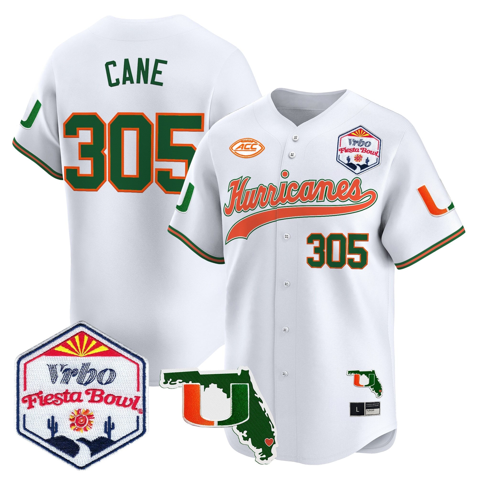 Men's Miami Hurricanes 2026 The Fiesta Bowl & Florida Patch Vapor Baseball Jersey - All Stitched