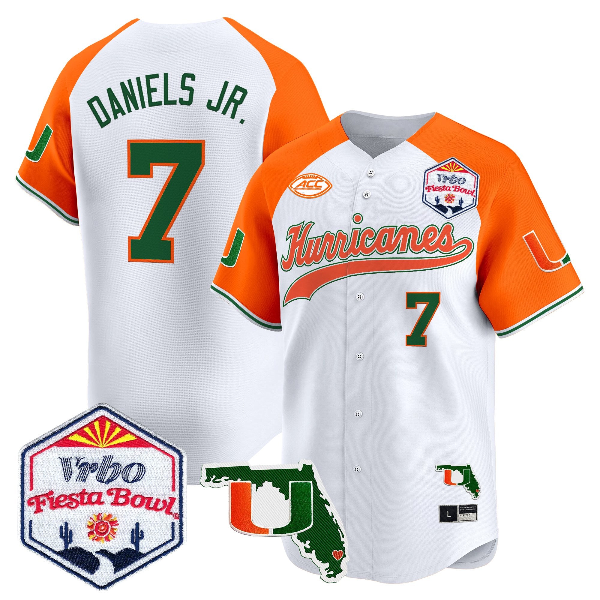 Men's Miami Hurricanes 2026 The Fiesta Bowl & Florida Patch Vapor Baseball Jersey - All Stitched