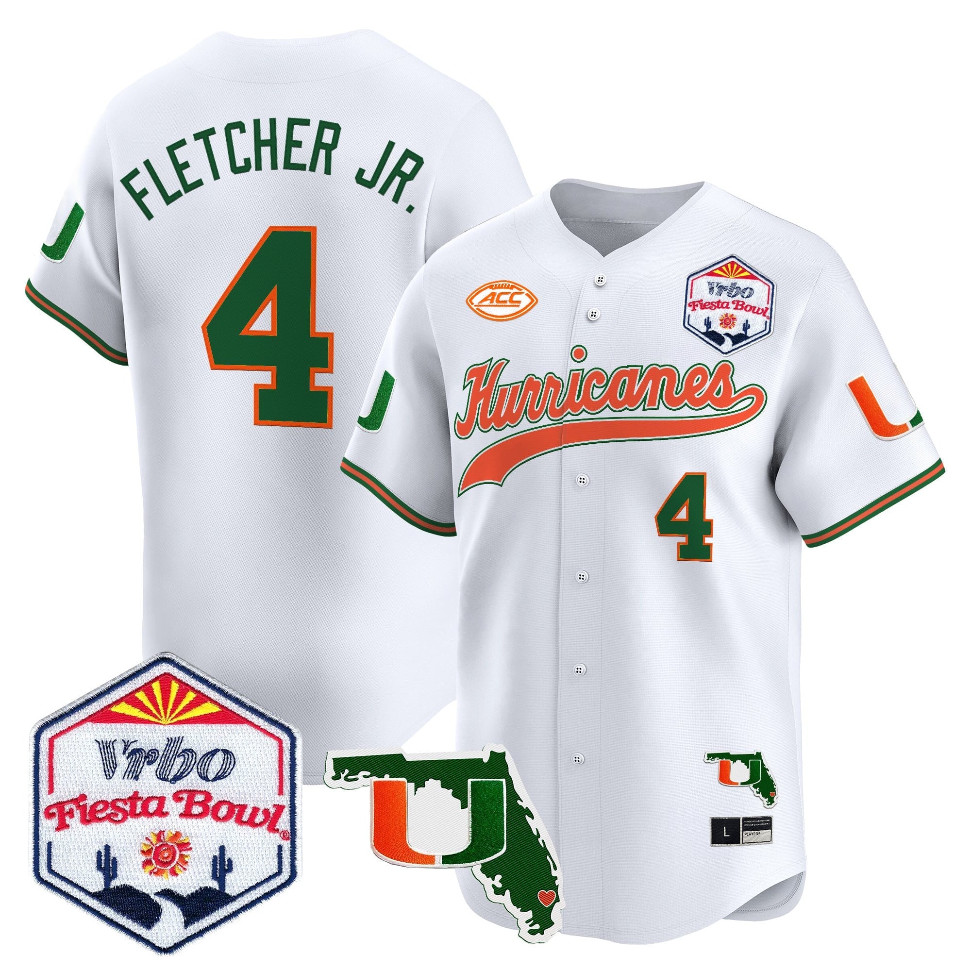 Men's Miami Hurricanes 2026 The Fiesta Bowl & Florida Patch Vapor Baseball Jersey - All Stitched