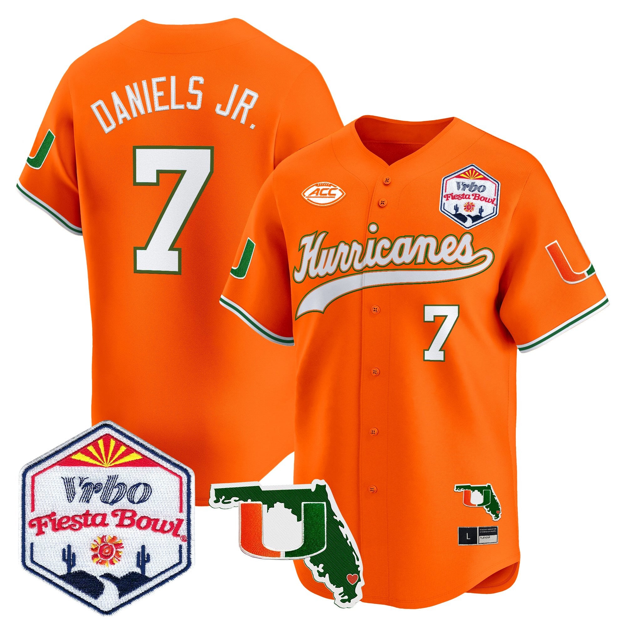 Men's Miami Hurricanes 2026 The Fiesta Bowl & Florida Patch Vapor Baseball Jersey - All Stitched