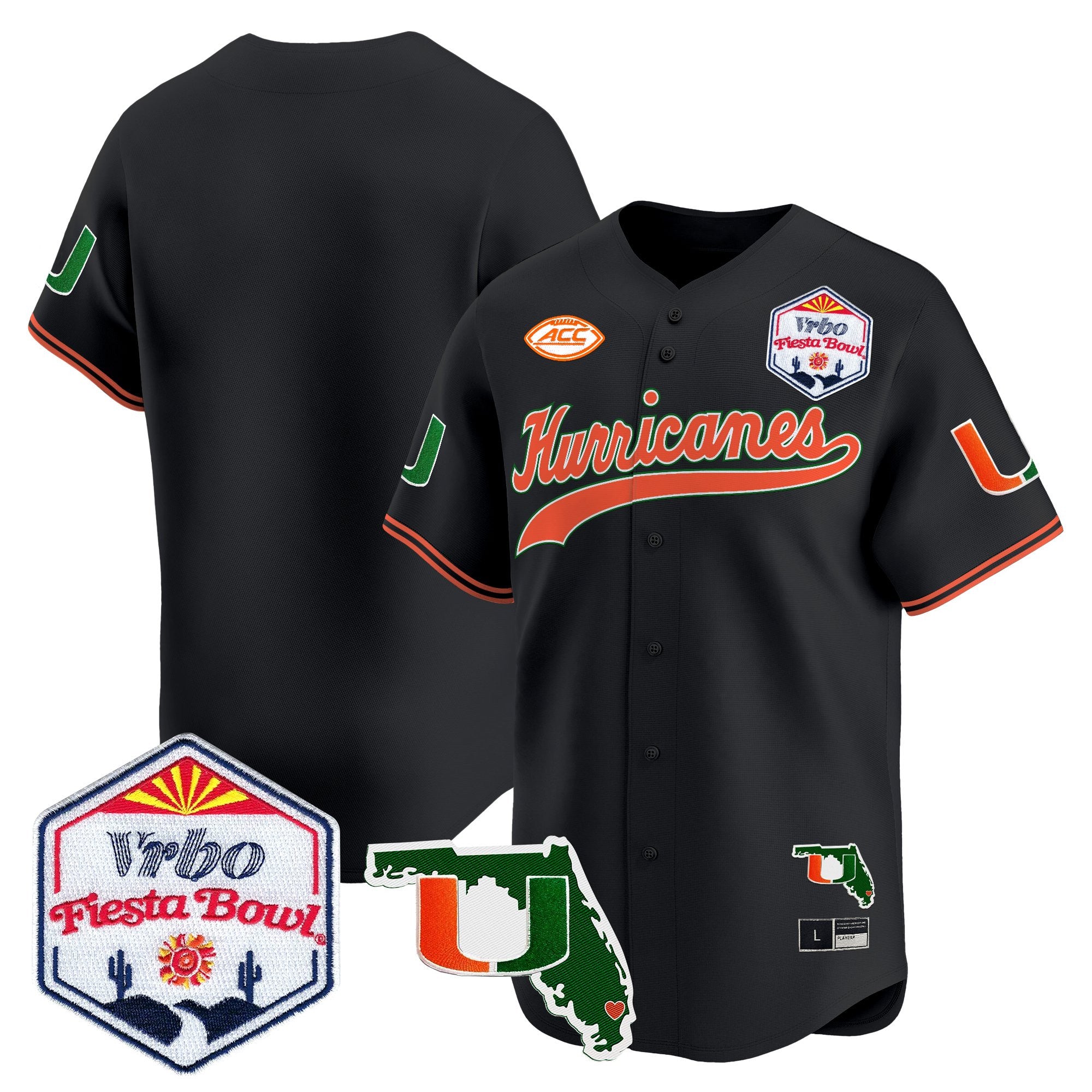 Men's Miami Hurricanes 2026 The Fiesta Bowl & Florida Patch Vapor Baseball Jersey - All Stitched