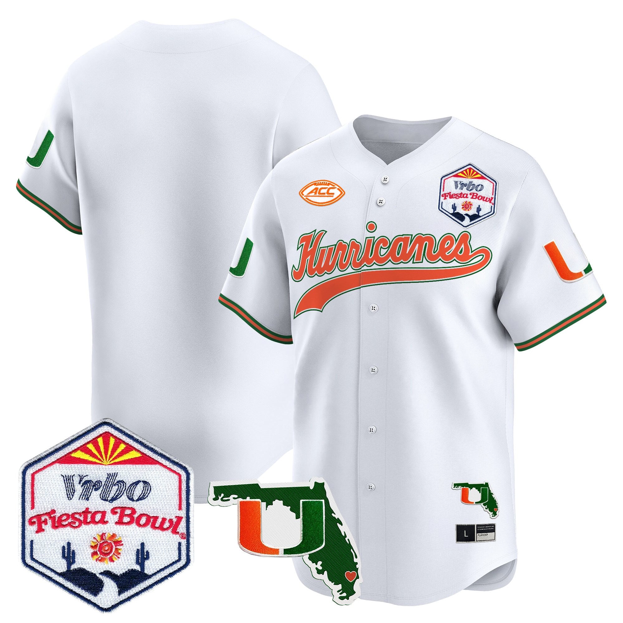 Men's Miami Hurricanes 2026 The Fiesta Bowl & Florida Patch Vapor Baseball Jersey - All Stitched