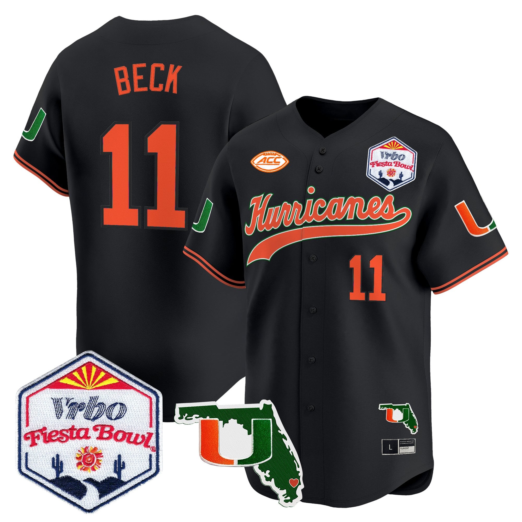Men's Miami Hurricanes 2026 The Fiesta Bowl & Florida Patch Vapor Baseball Jersey - All Stitched