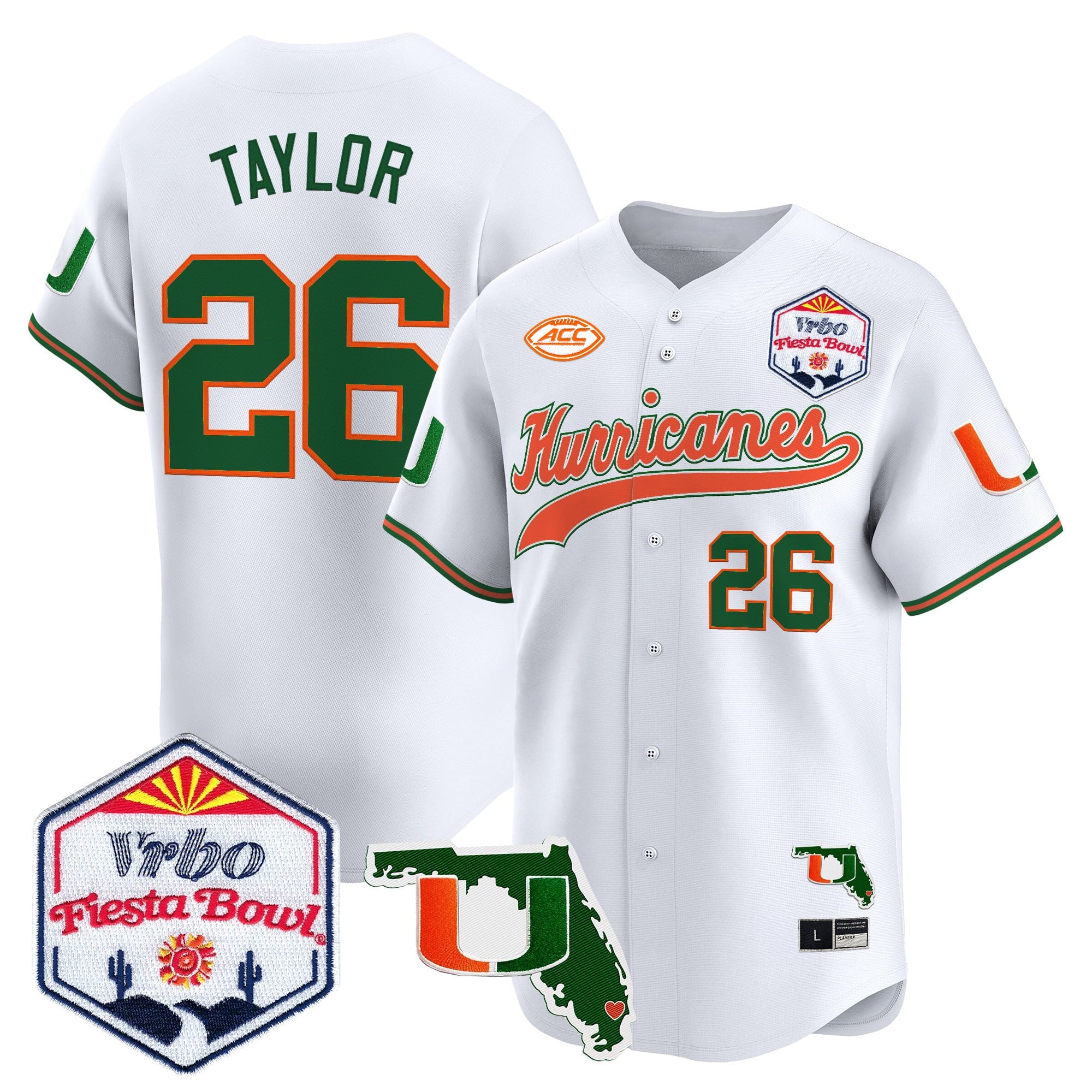 Men's Miami Hurricanes 2026 The Fiesta Bowl & Florida Patch Vapor Baseball Jersey - All Stitched