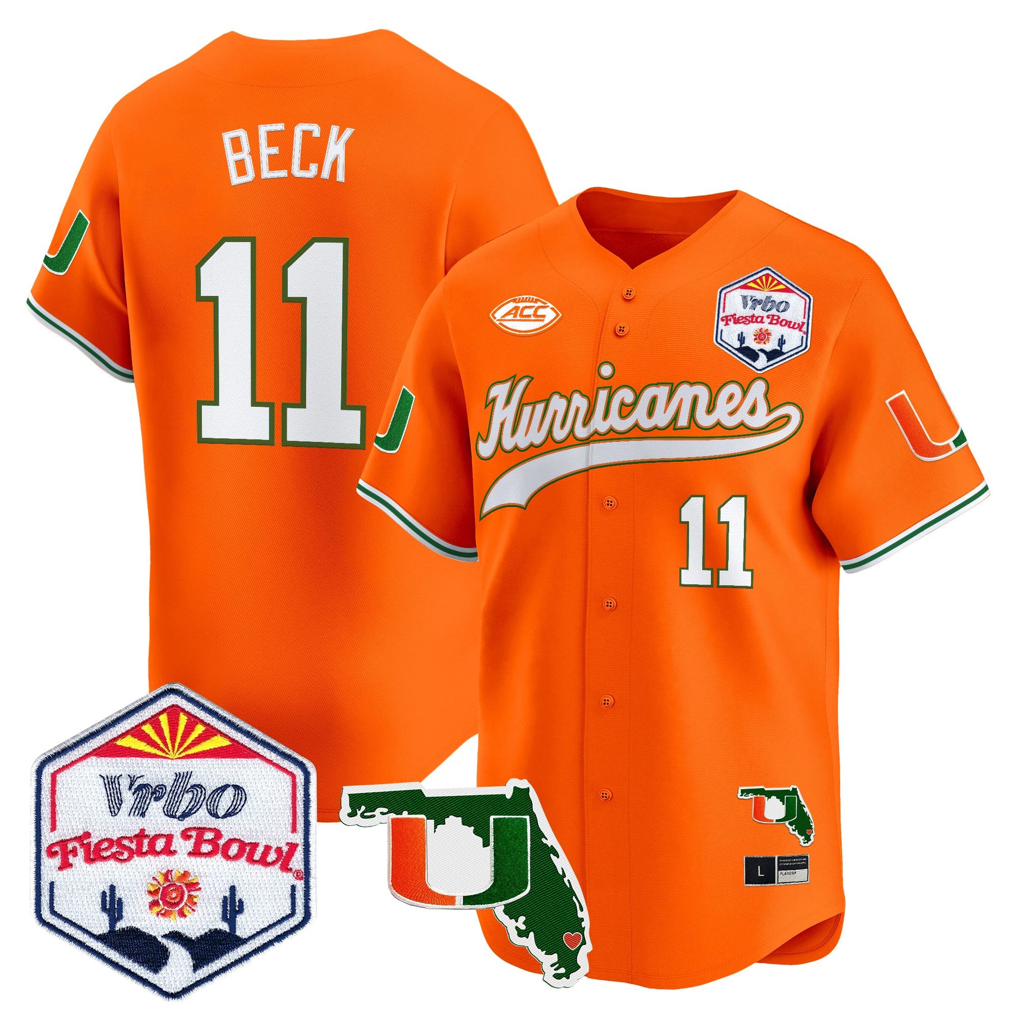 Men's Miami Hurricanes 2026 The Fiesta Bowl & Florida Patch Vapor Baseball Jersey - All Stitched