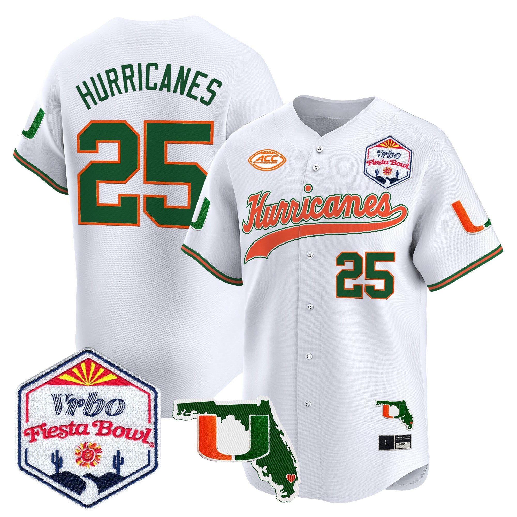 Men's Miami Hurricanes 2026 The Fiesta Bowl & Florida Patch Vapor Baseball Jersey - All Stitched