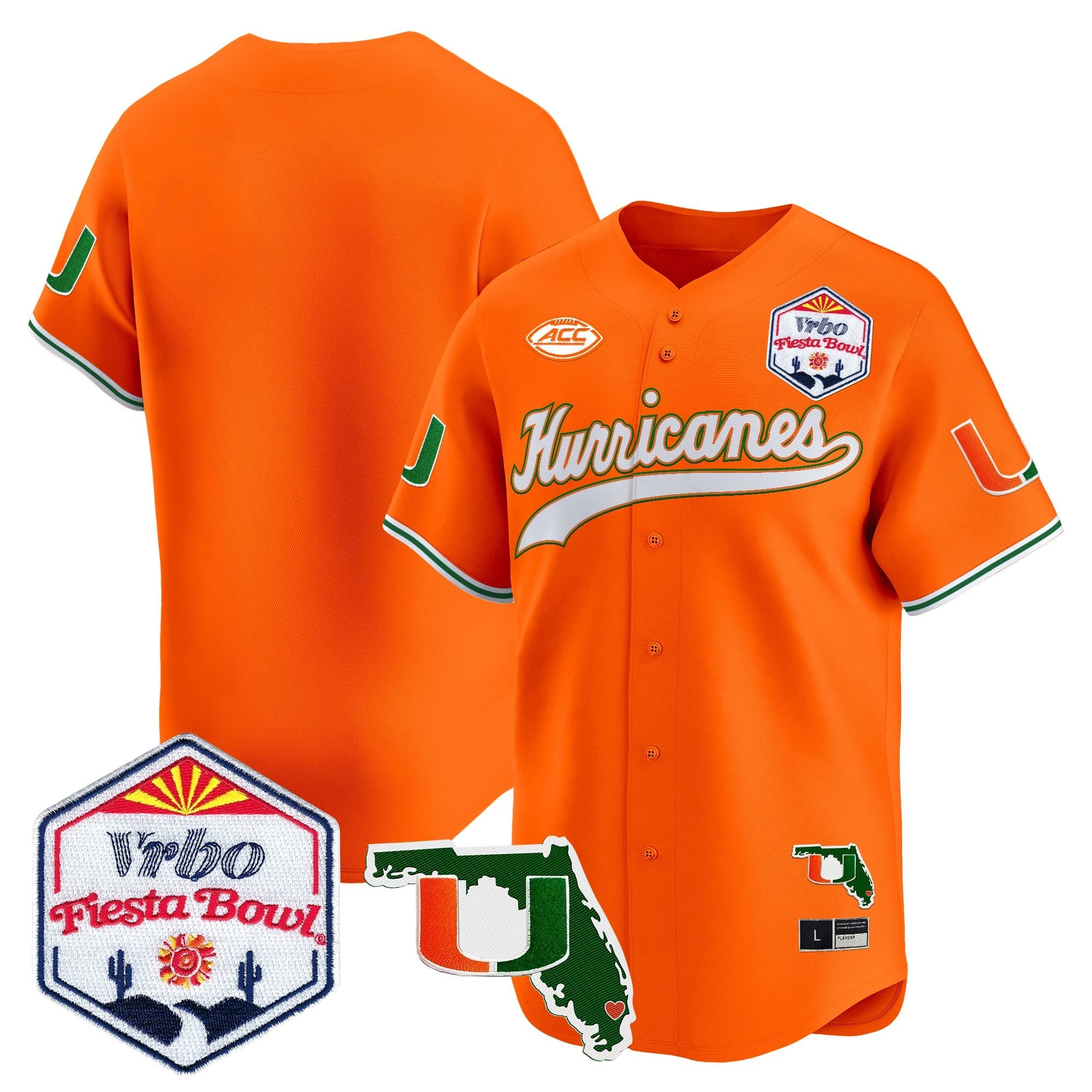 Men's Miami Hurricanes 2026 The Fiesta Bowl & Florida Patch Vapor Baseball Jersey - All Stitched