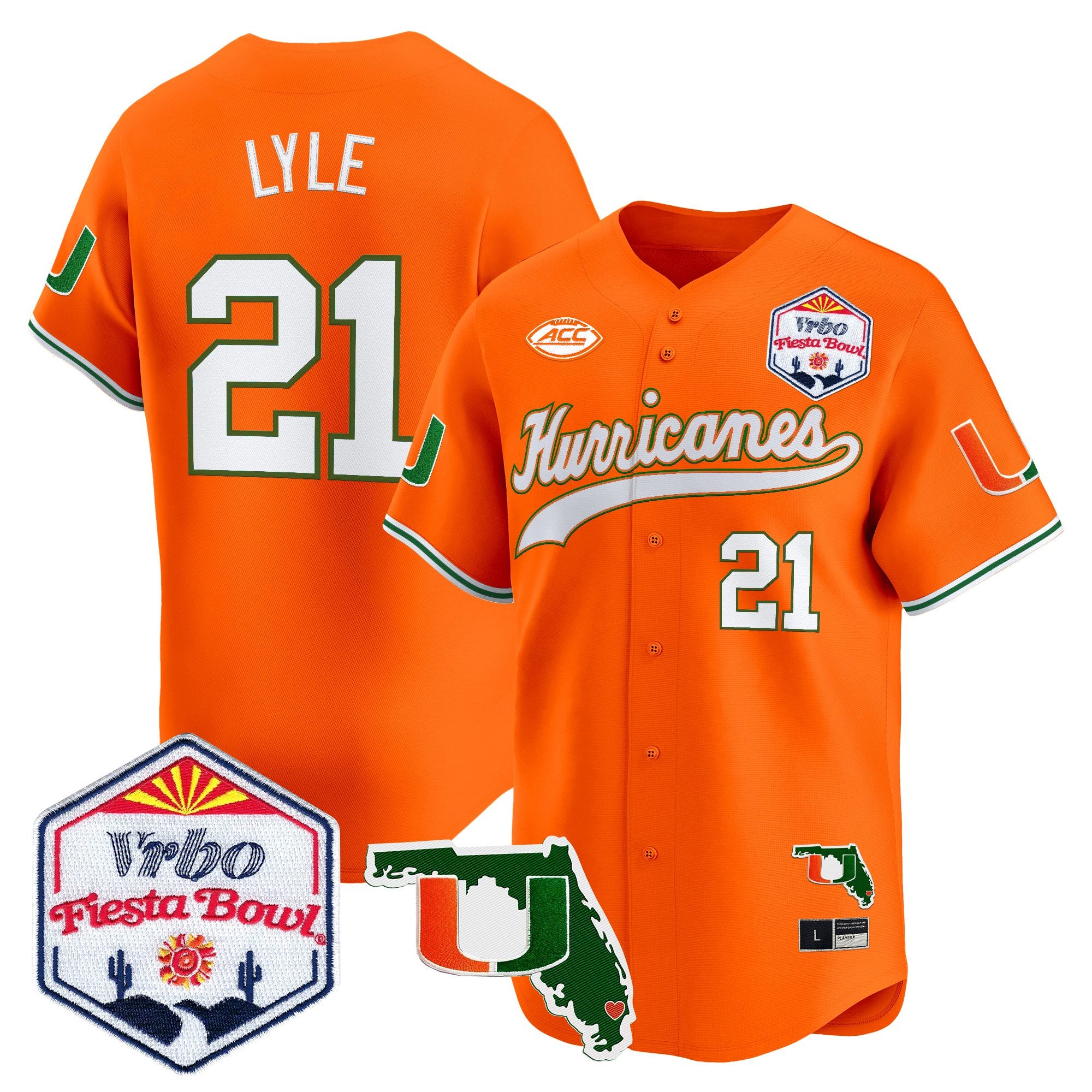 Men's Miami Hurricanes 2026 The Fiesta Bowl & Florida Patch Vapor Baseball Jersey - All Stitched