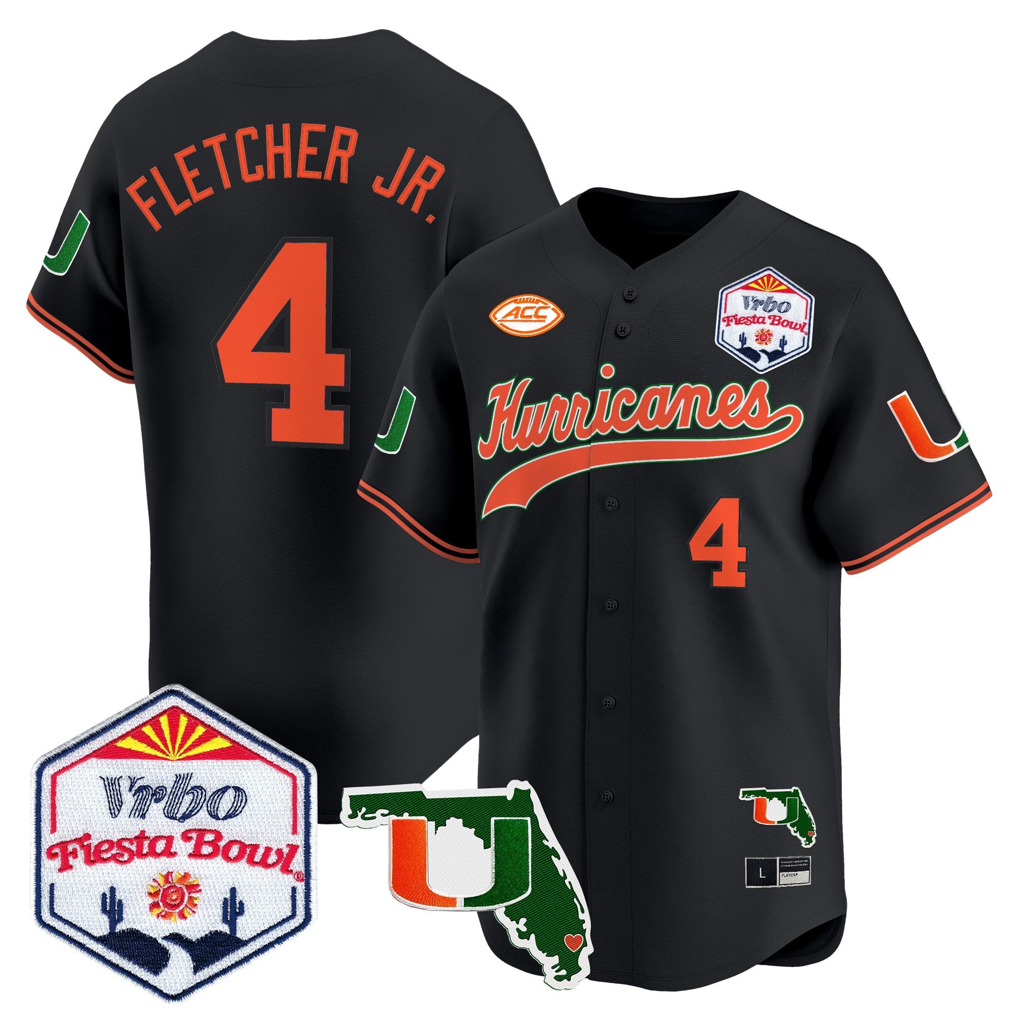 Men's Miami Hurricanes 2026 The Fiesta Bowl & Florida Patch Vapor Baseball Jersey - All Stitched