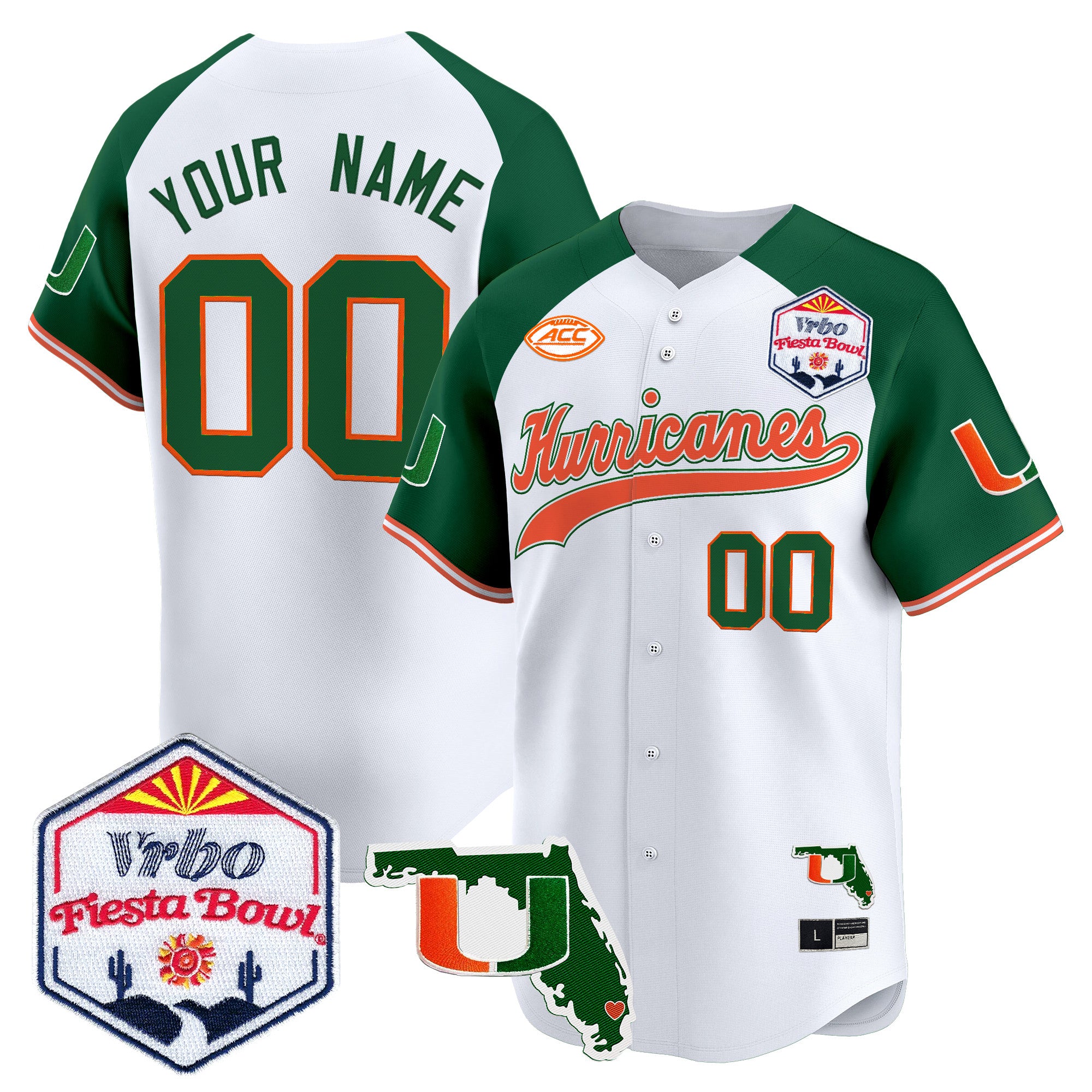 Miami Hurricanes 2026 The Fiesta Bowl & Florida Patch Vapor Baseball Custom Jersey - All Stitched