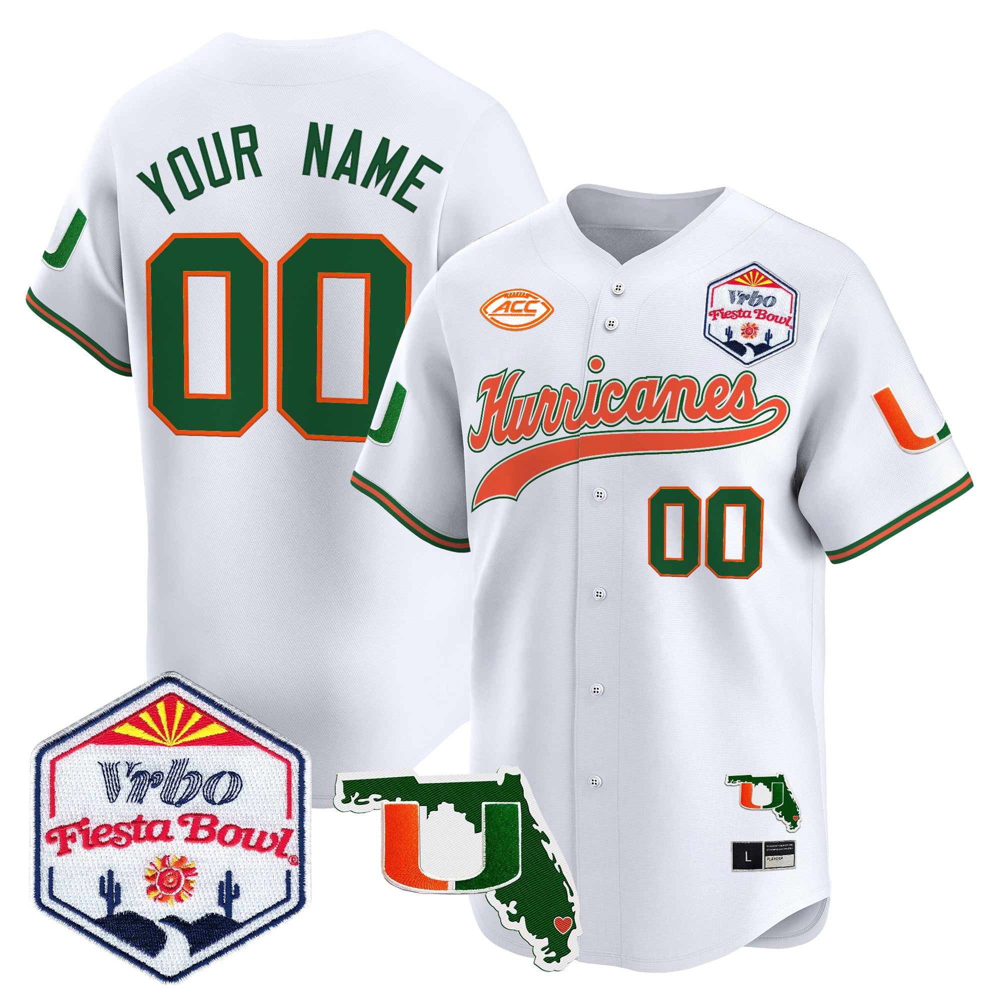 Miami Hurricanes 2026 The Fiesta Bowl & Florida Patch Vapor Baseball Custom Jersey - All Stitched