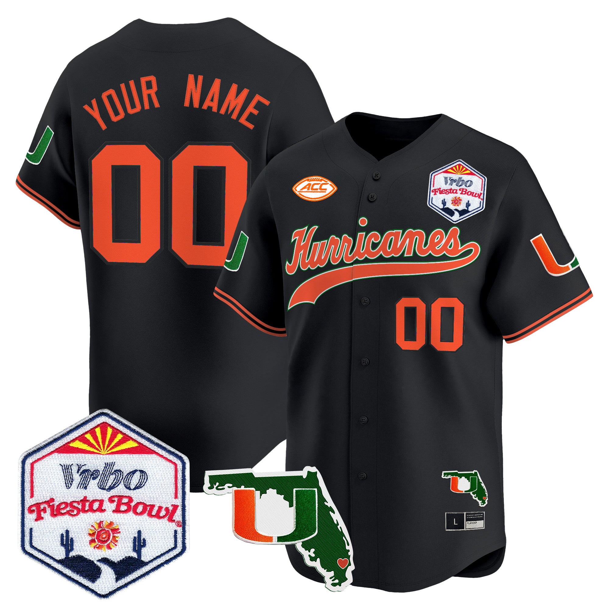 Miami Hurricanes 2026 The Fiesta Bowl & Florida Patch Vapor Baseball Custom Jersey - All Stitched
