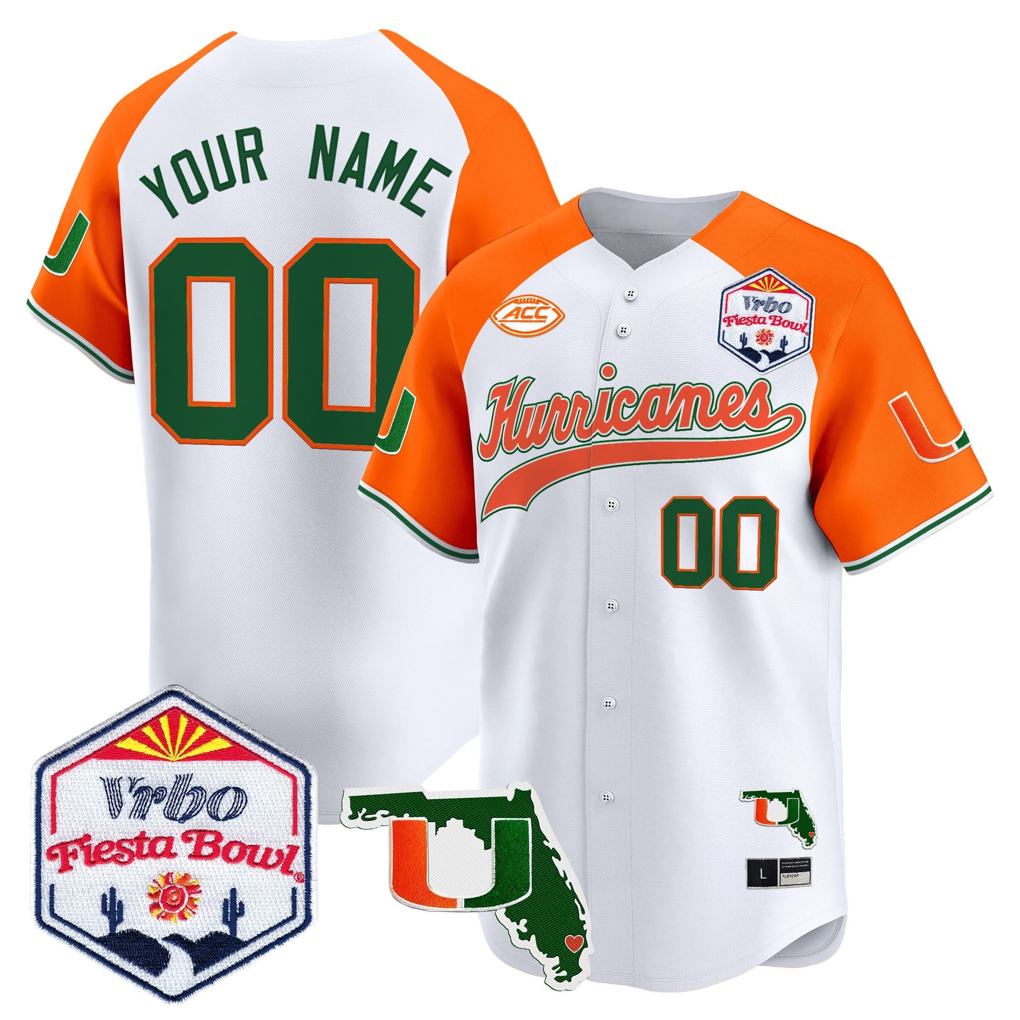 Miami Hurricanes 2026 The Fiesta Bowl & Florida Patch Vapor Baseball Custom Jersey - All Stitched