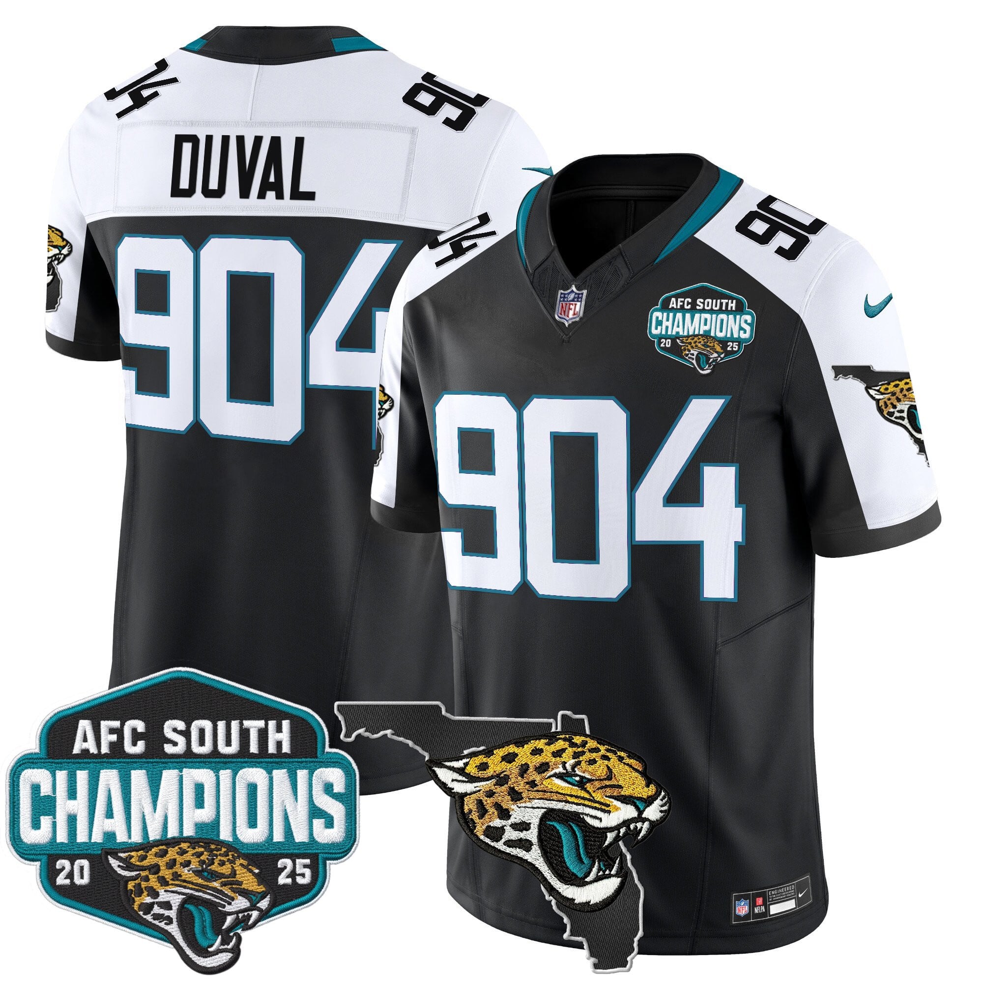 Men's Jacksonville Jaguars 2025 AFC South Division Champions & Florida Patch Vapor Jersey - All Stitched