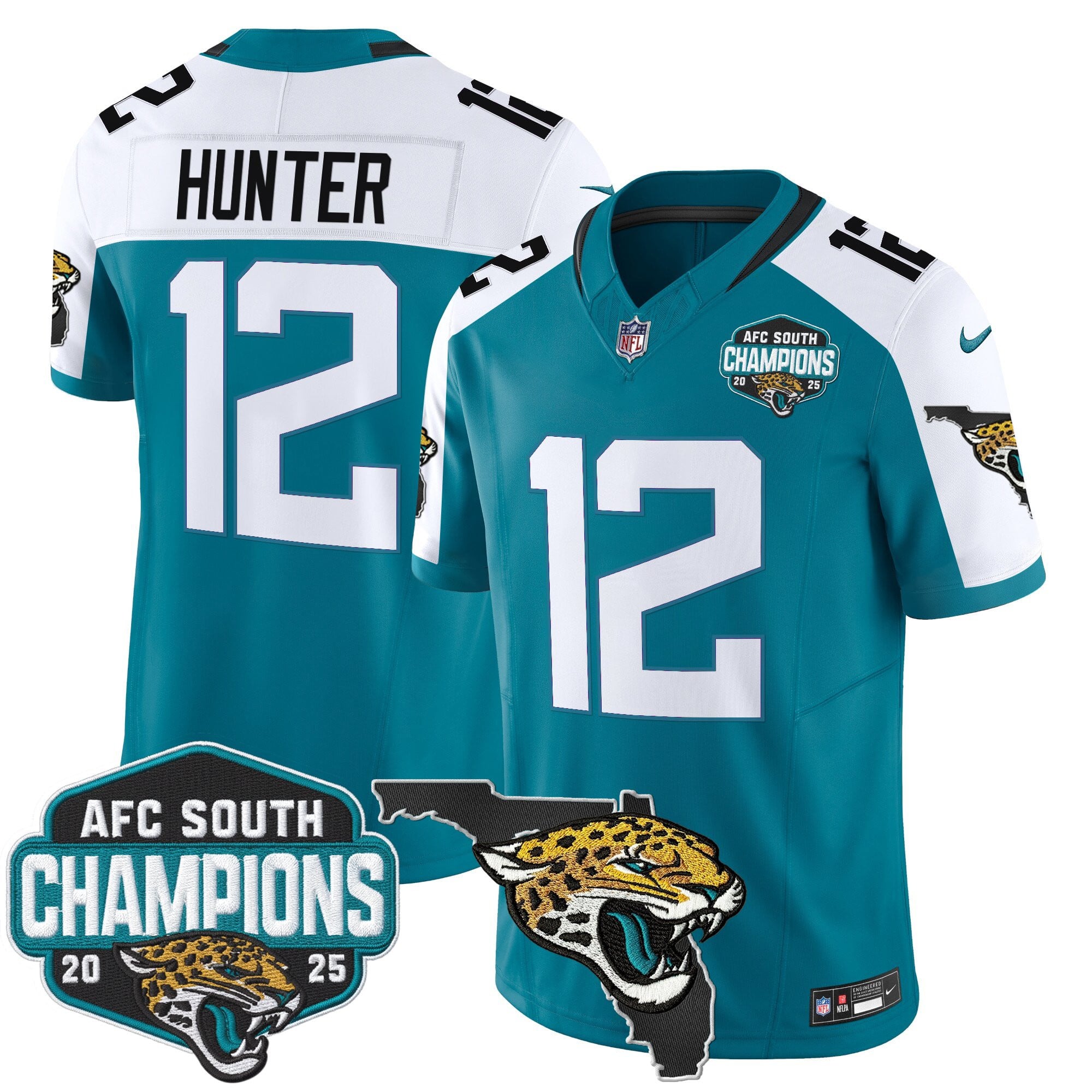 Men's Jacksonville Jaguars 2025 AFC South Division Champions & Florida Patch Vapor Jersey - All Stitched