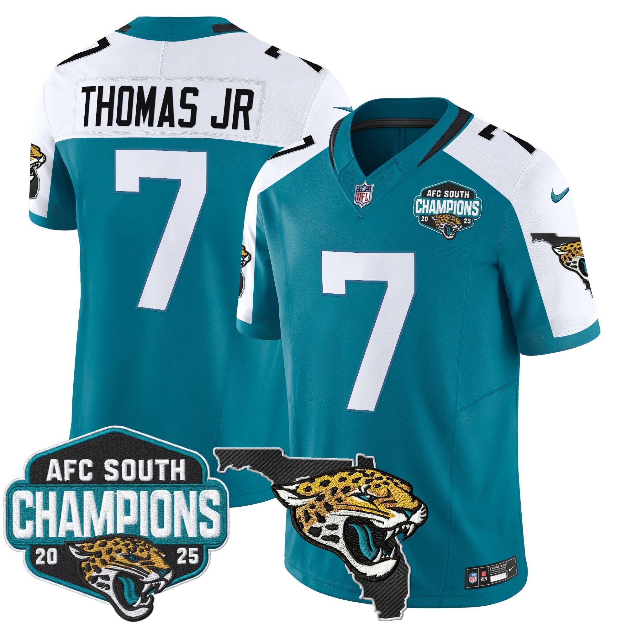 Men's Jacksonville Jaguars 2025 AFC South Division Champions & Florida Patch Vapor Jersey - All Stitched