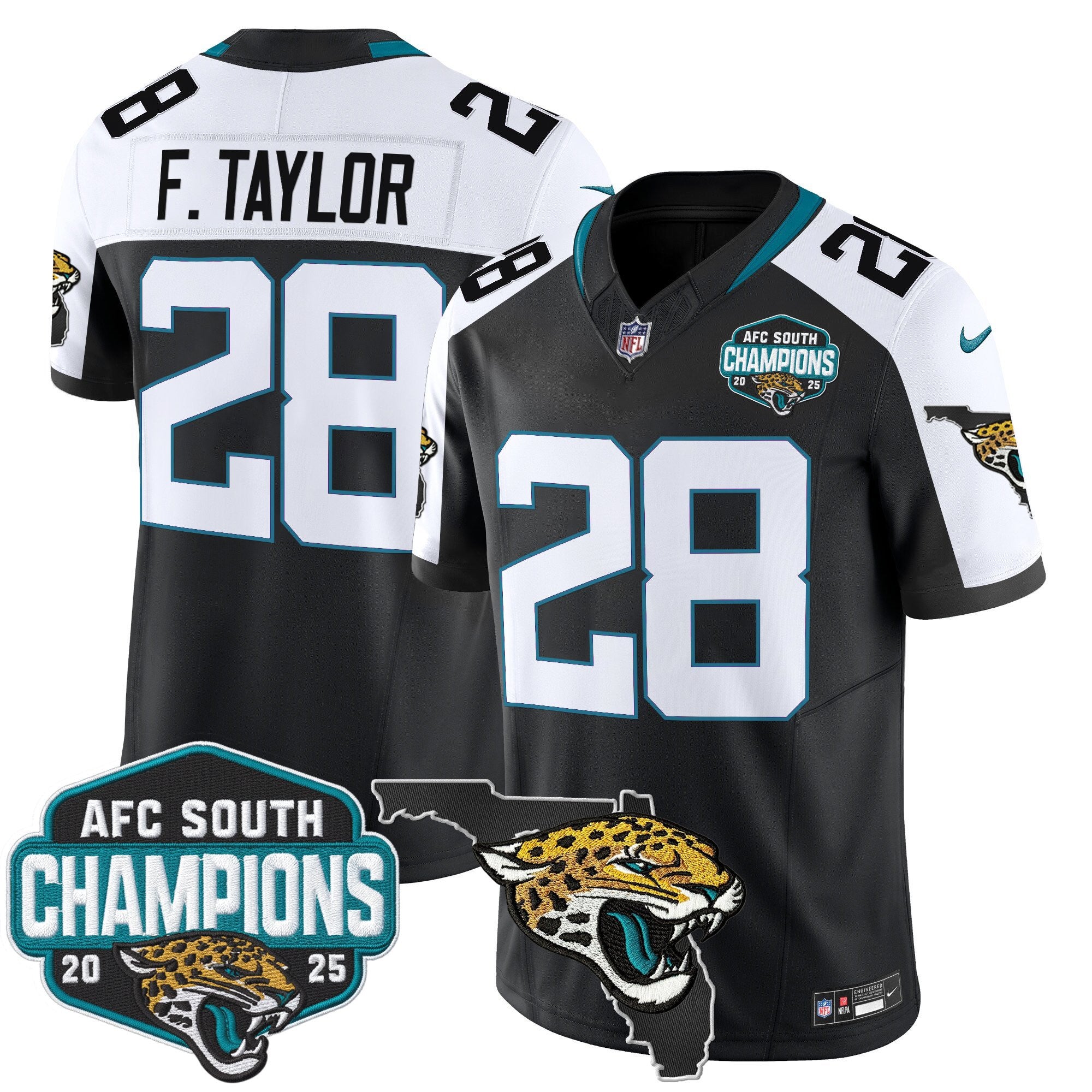 Men's Jacksonville Jaguars 2025 AFC South Division Champions & Florida Patch Vapor Jersey - All Stitched
