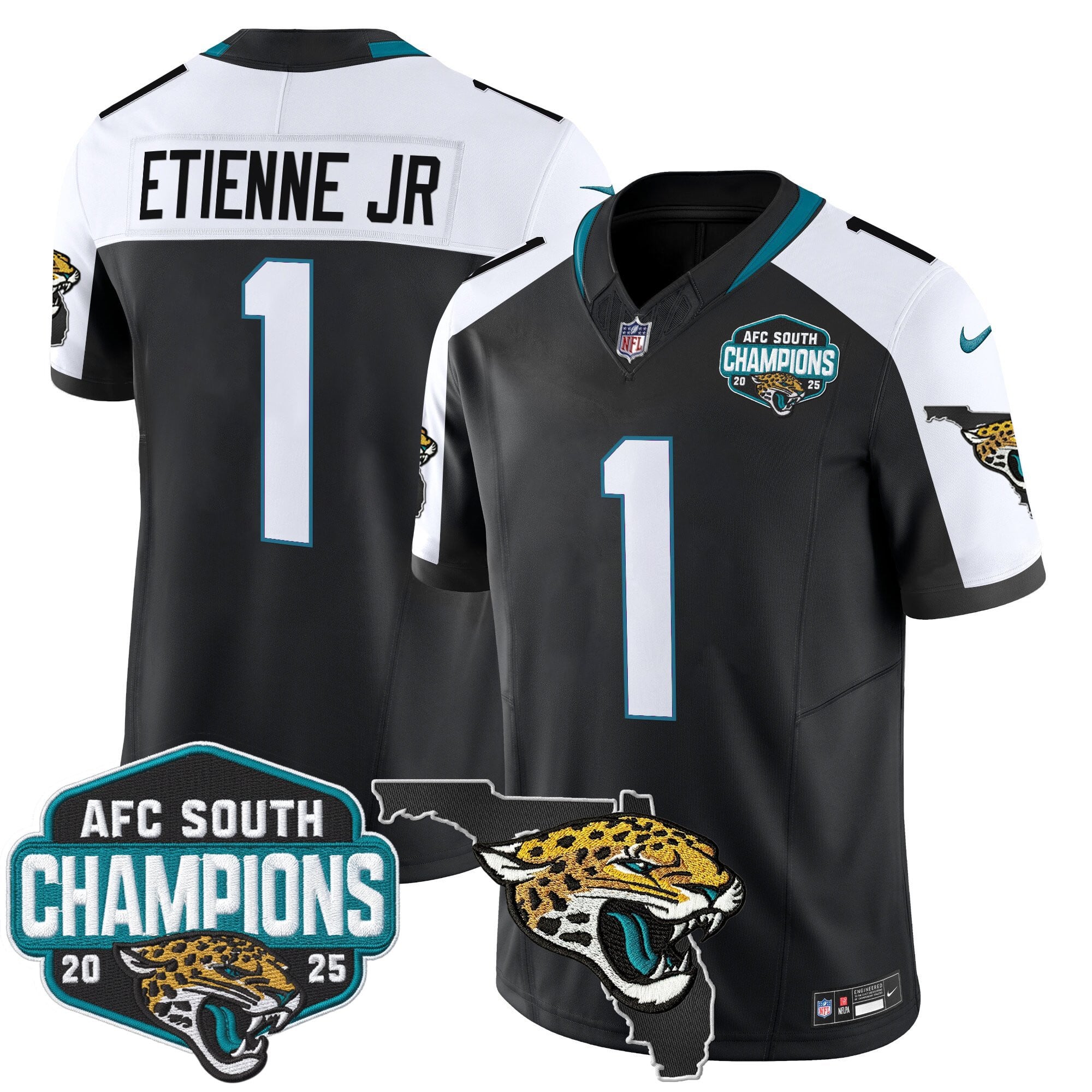 Men's Jacksonville Jaguars 2025 AFC South Division Champions & Florida Patch Vapor Jersey - All Stitched