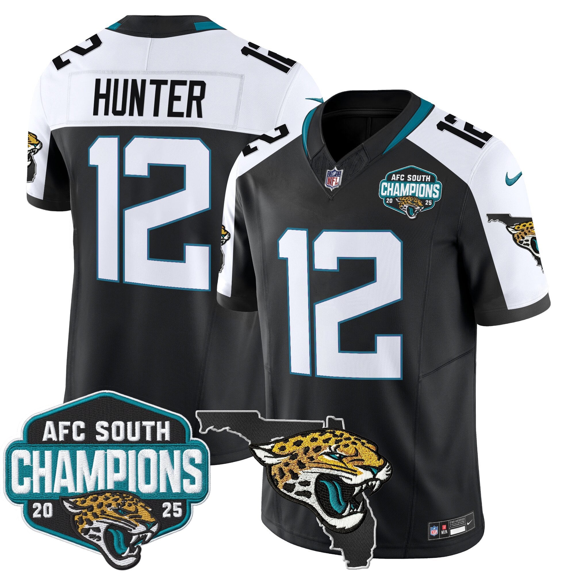 Men's Jacksonville Jaguars 2025 AFC South Division Champions & Florida Patch Vapor Jersey - All Stitched