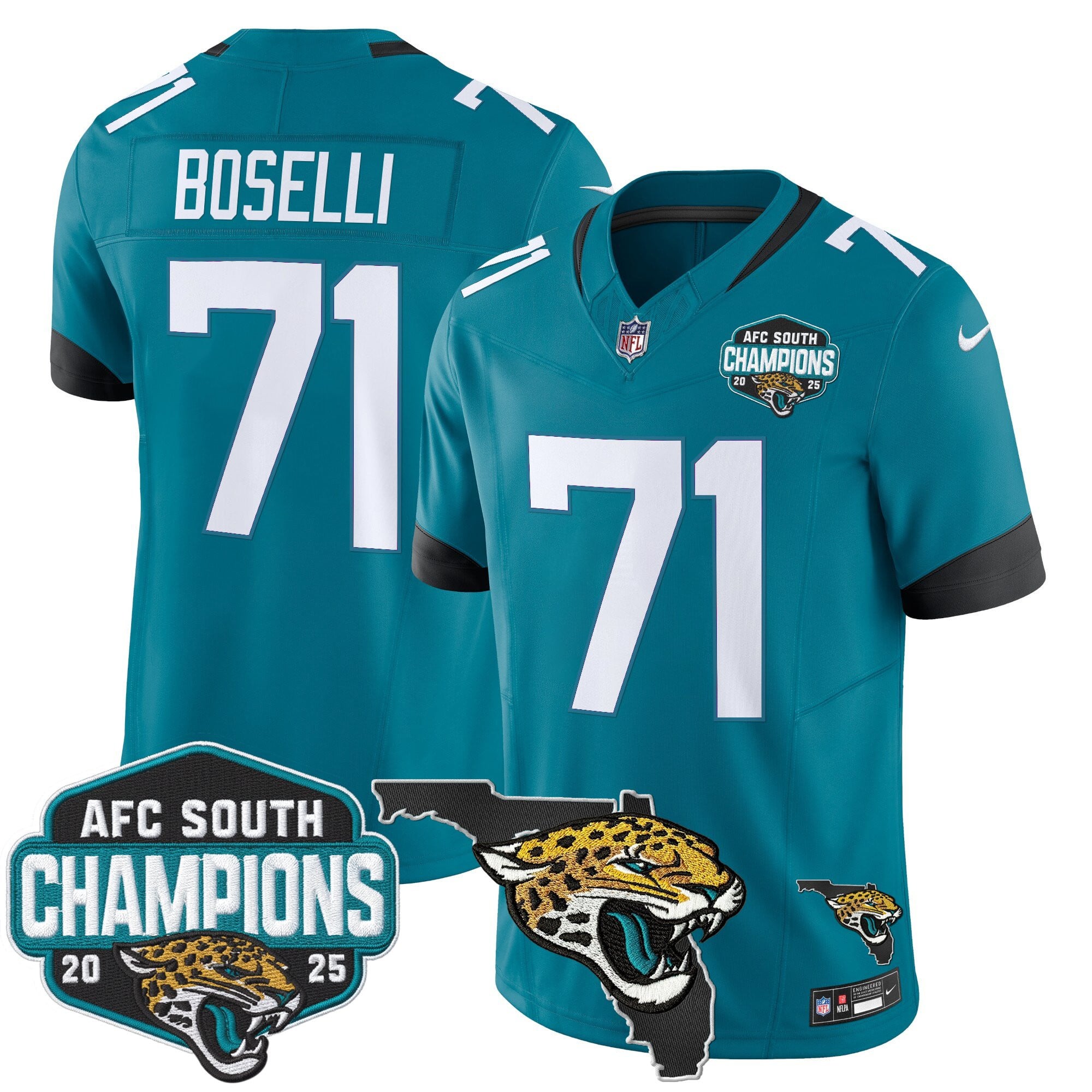 Men's Jacksonville Jaguars 2025 AFC South Division Champions & Florida Patch Vapor Jersey - All Stitched