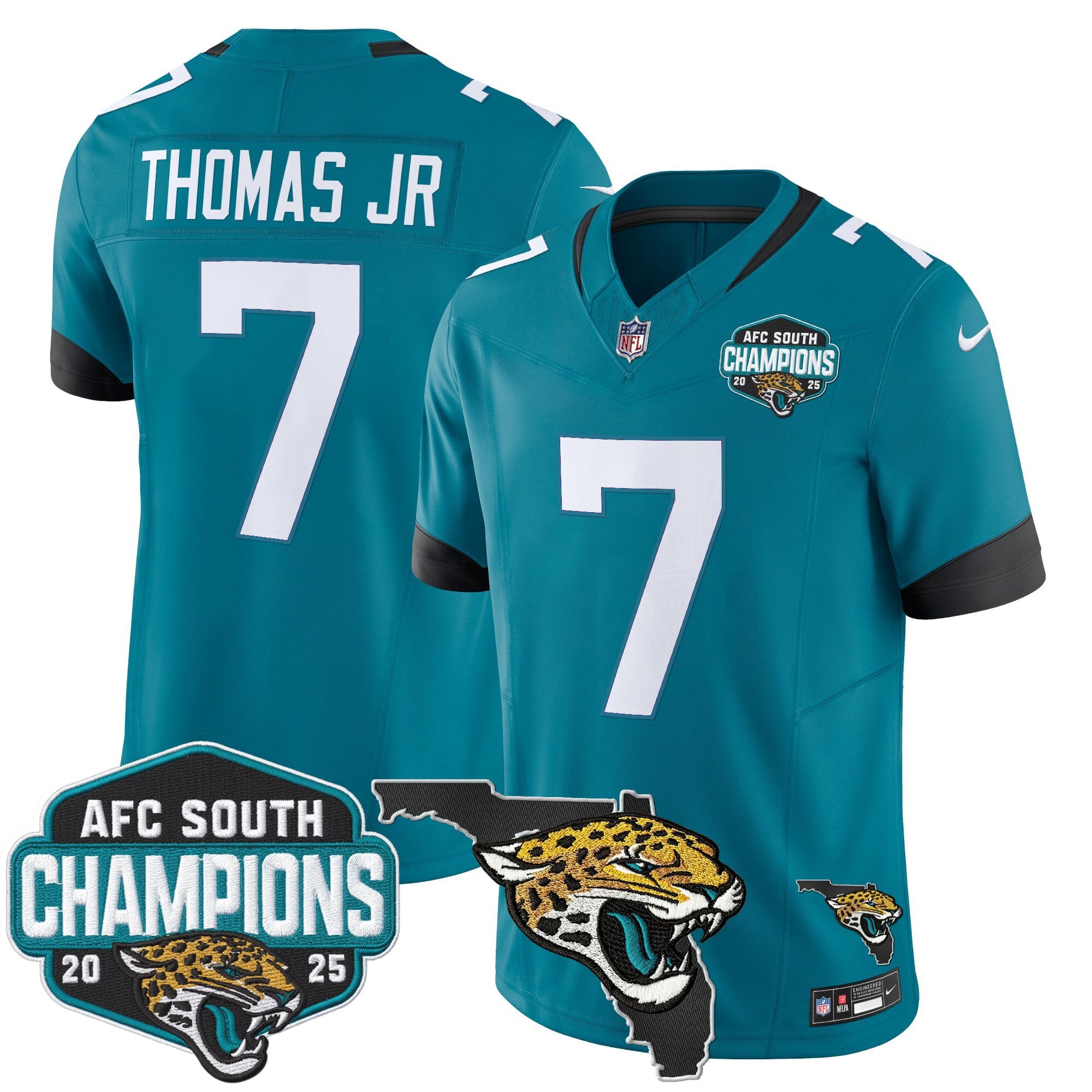 Men's Jacksonville Jaguars 2025 AFC South Division Champions & Florida Patch Vapor Jersey - All Stitched