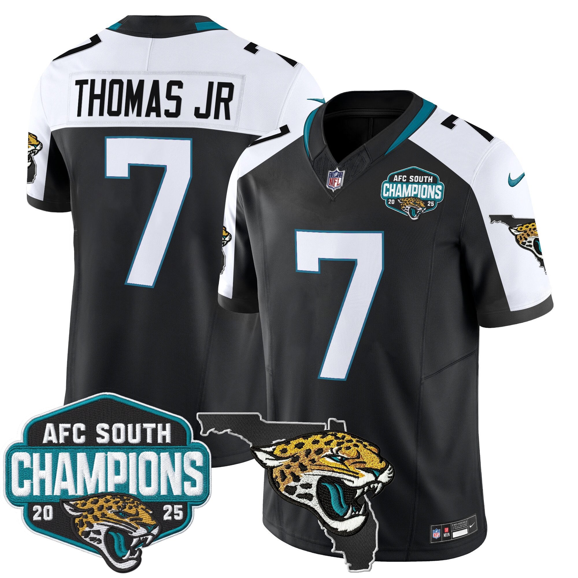 Men's Jacksonville Jaguars 2025 AFC South Division Champions & Florida Patch Vapor Jersey - All Stitched