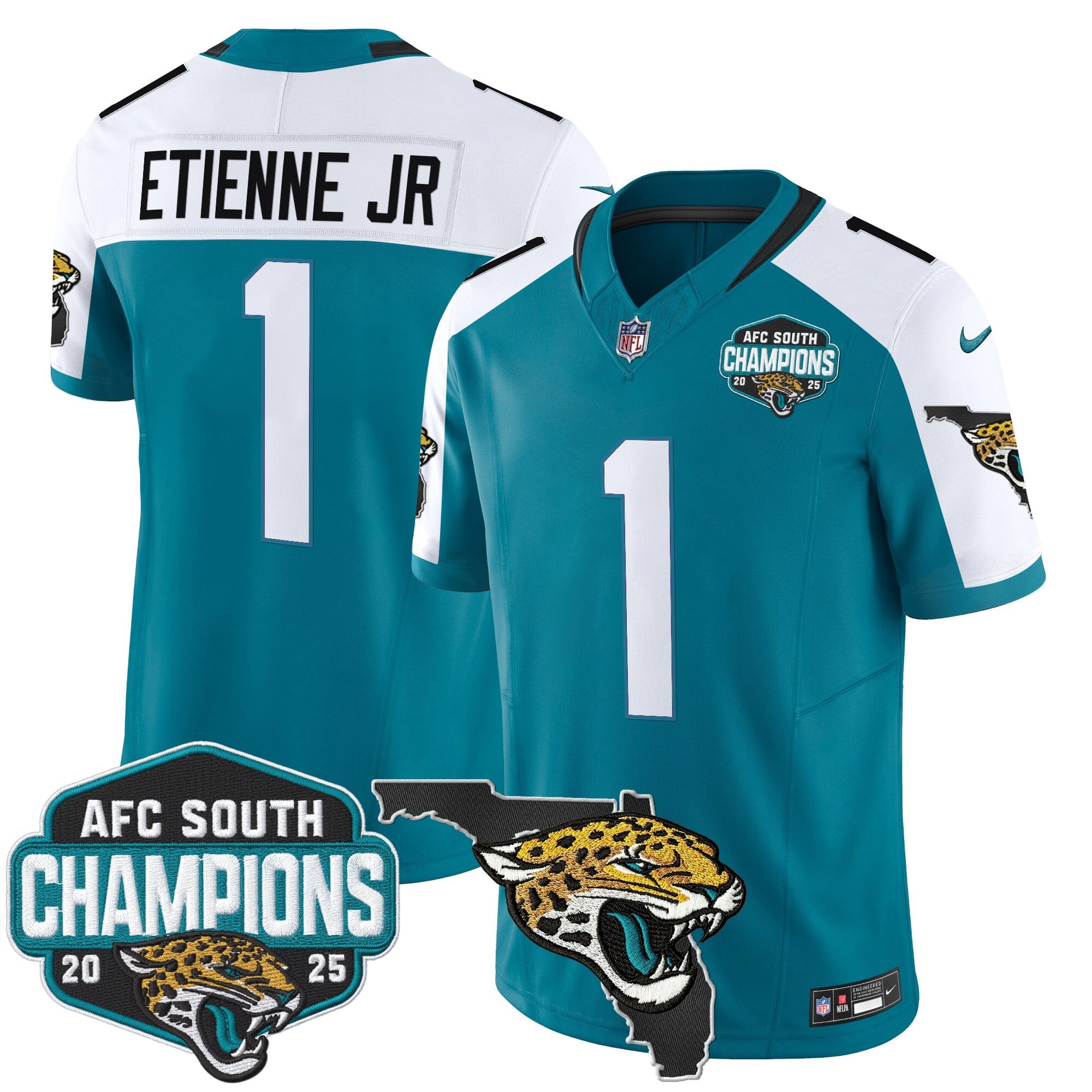 Men's Jacksonville Jaguars 2025 AFC South Division Champions & Florida Patch Vapor Jersey - All Stitched