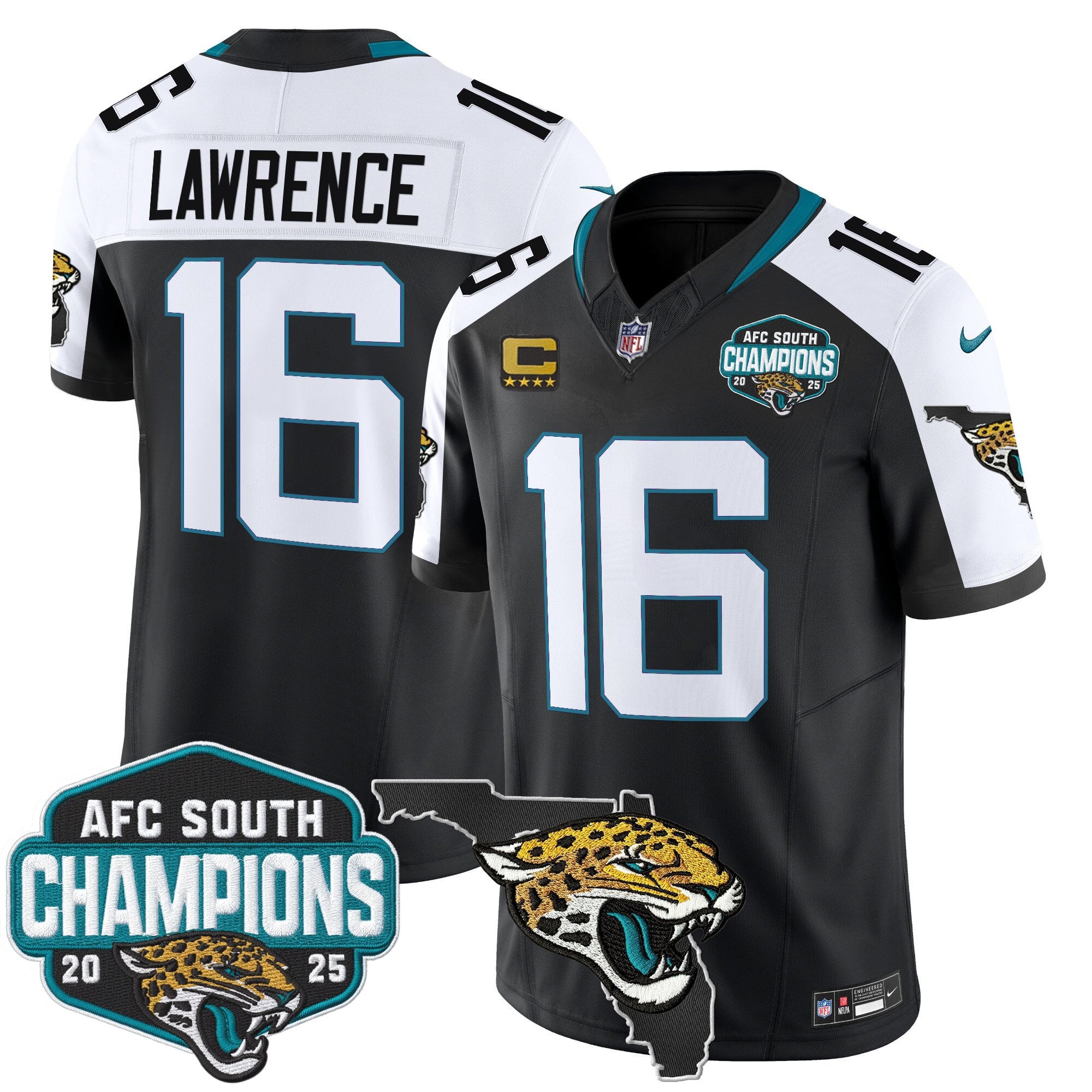 Men's Jacksonville Jaguars 2025 AFC South Division Champions & Florida Patch Vapor Jersey - All Stitched