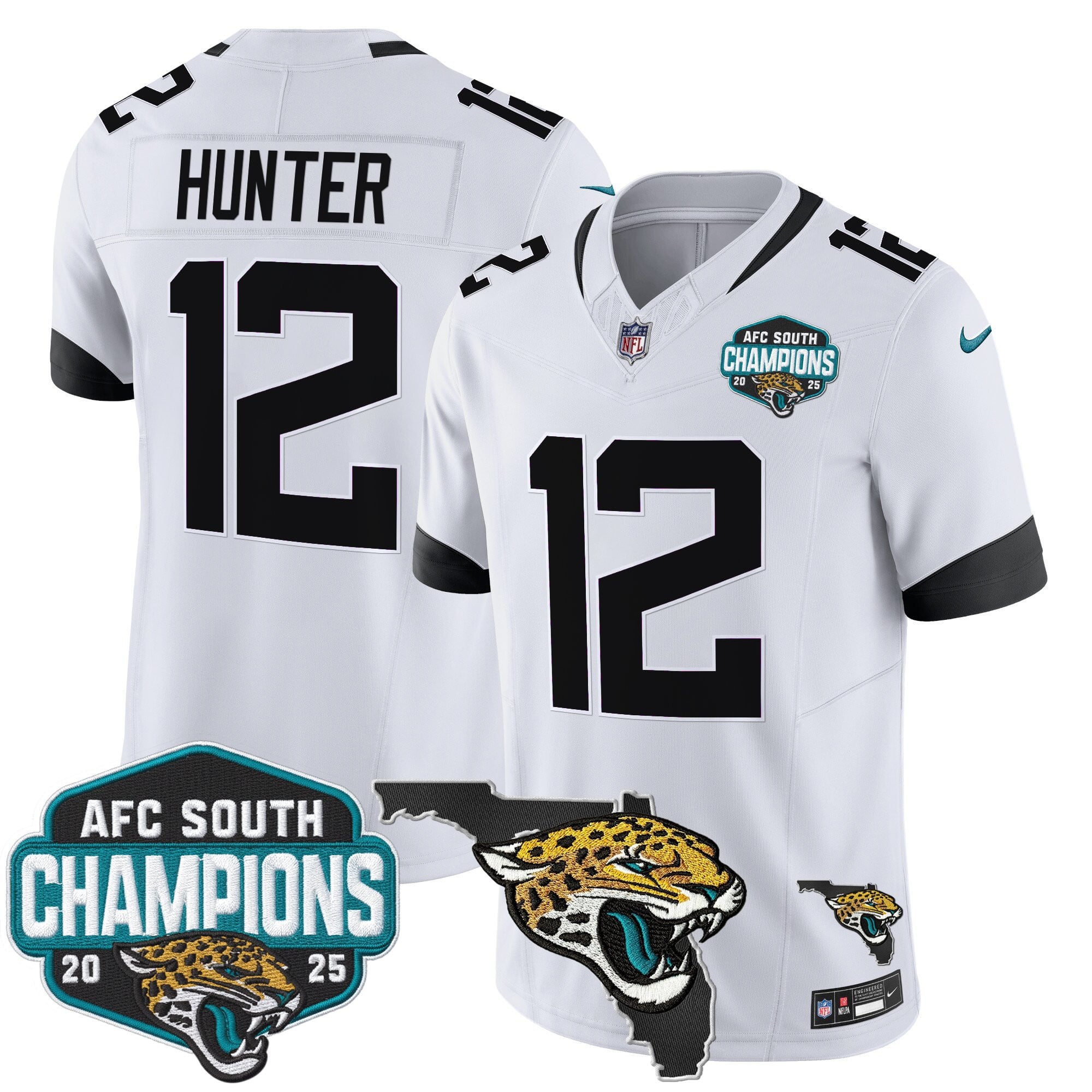 Men's Jacksonville Jaguars 2025 AFC South Division Champions & Florida Patch Vapor Jersey - All Stitched
