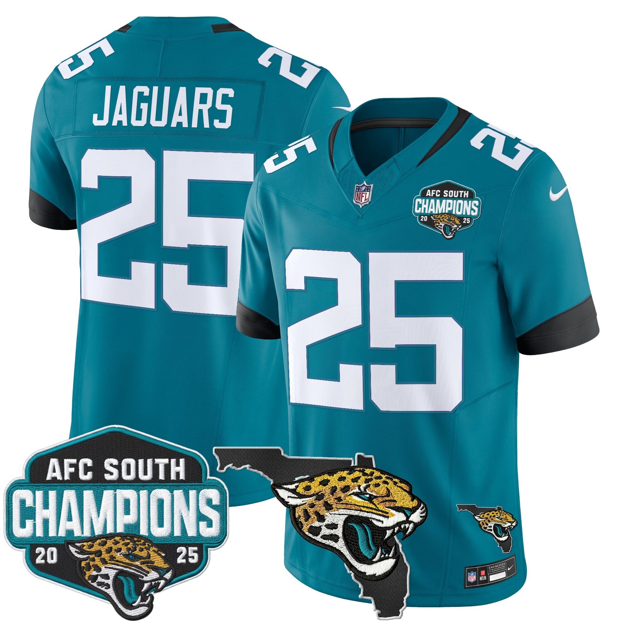 Men's Jacksonville Jaguars 2025 AFC South Division Champions & Florida Patch Vapor Jersey - All Stitched
