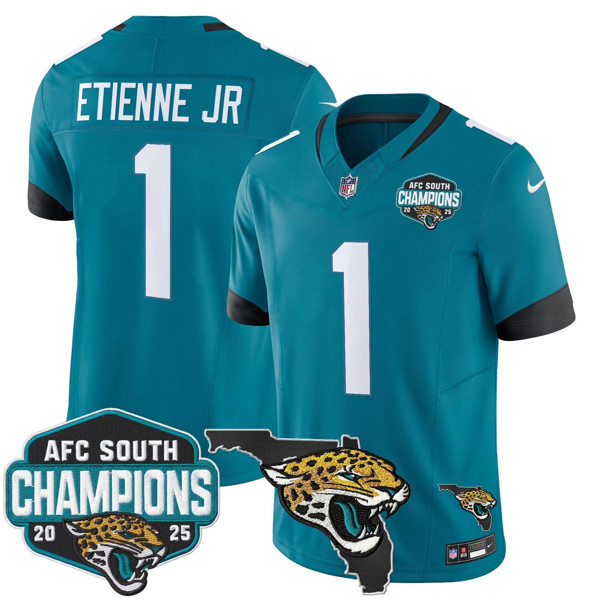 Men's Jacksonville Jaguars 2025 AFC South Division Champions & Florida Patch Vapor Jersey - All Stitched