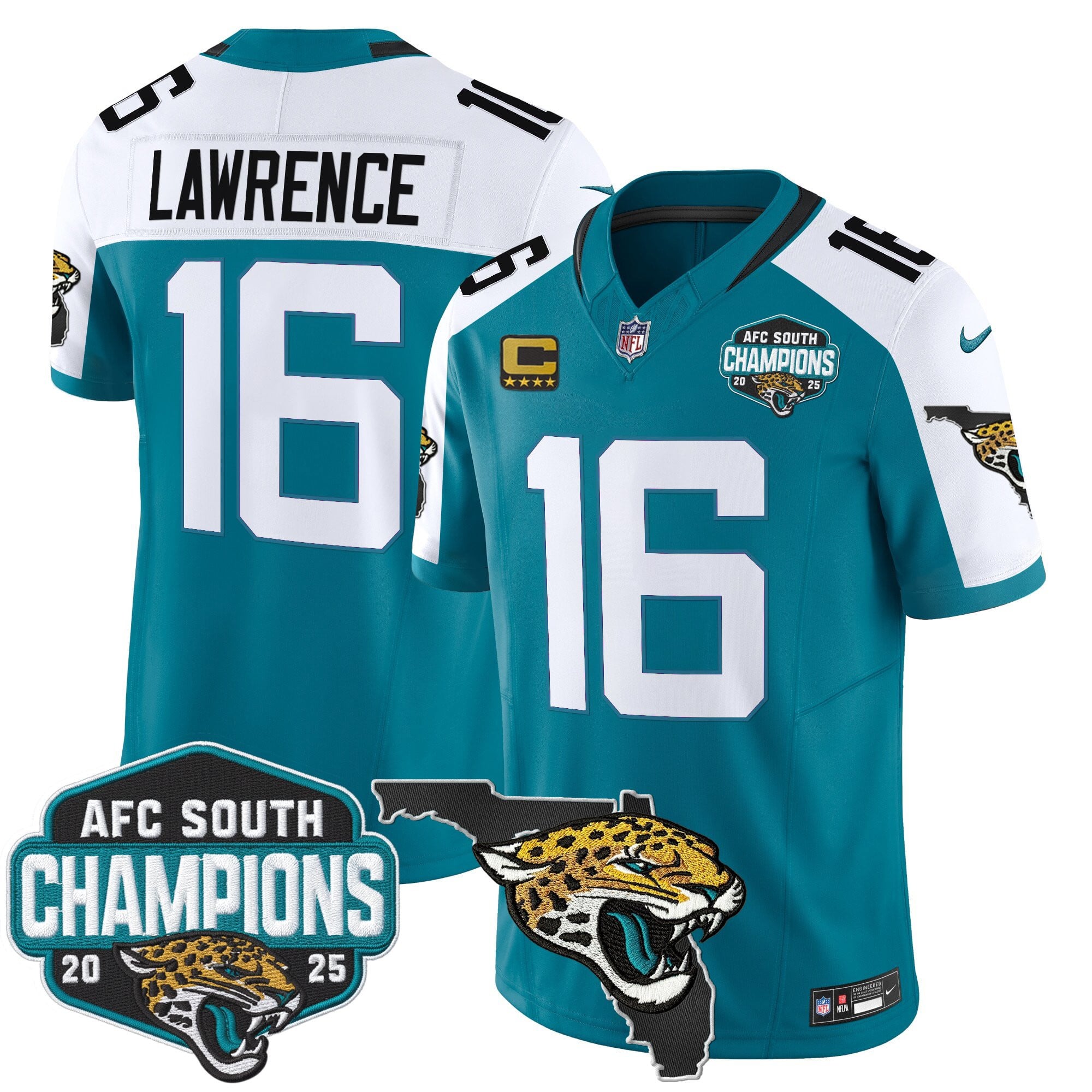 Men's Jacksonville Jaguars 2025 AFC South Division Champions & Florida Patch Vapor Jersey - All Stitched