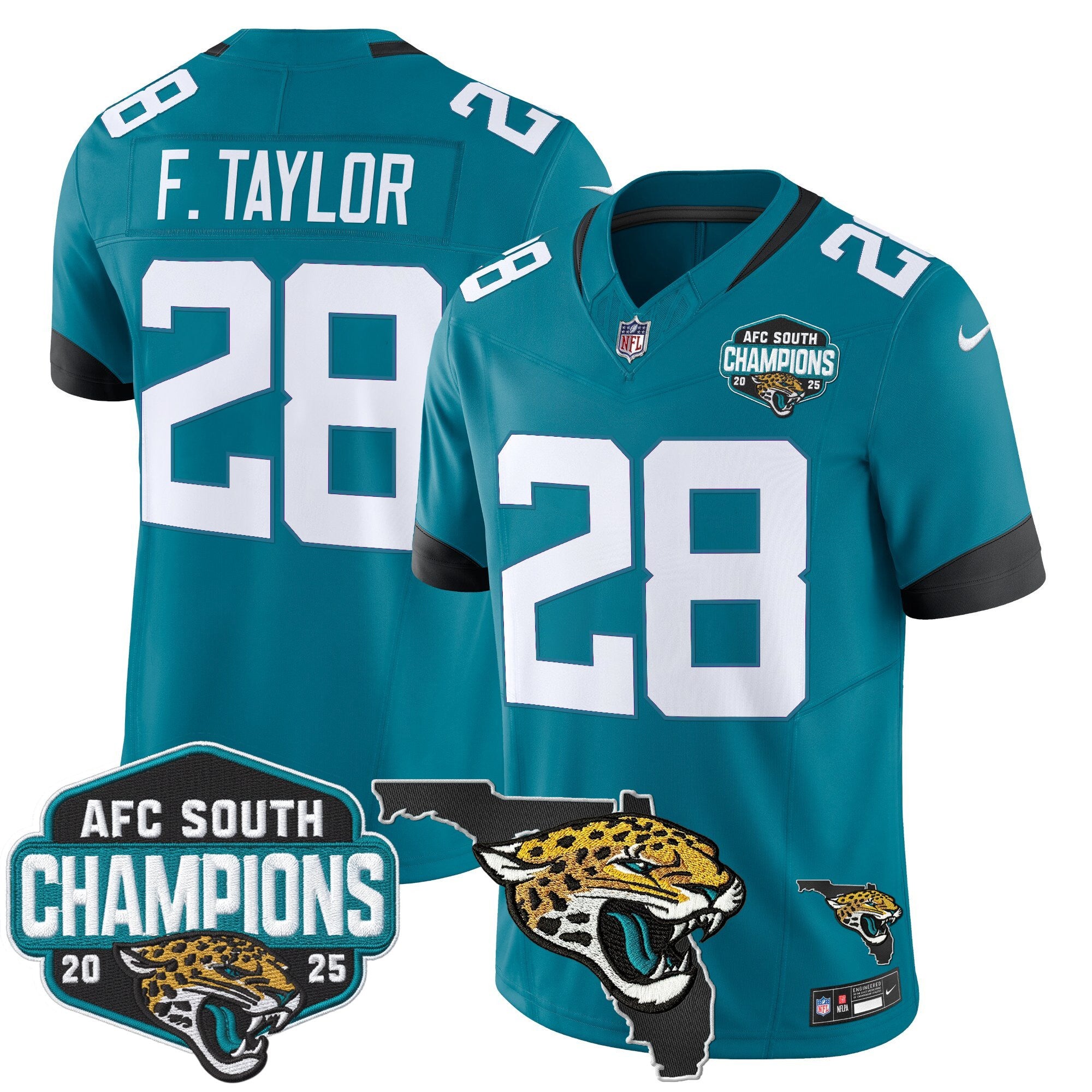 Men's Jacksonville Jaguars 2025 AFC South Division Champions & Florida Patch Vapor Jersey - All Stitched