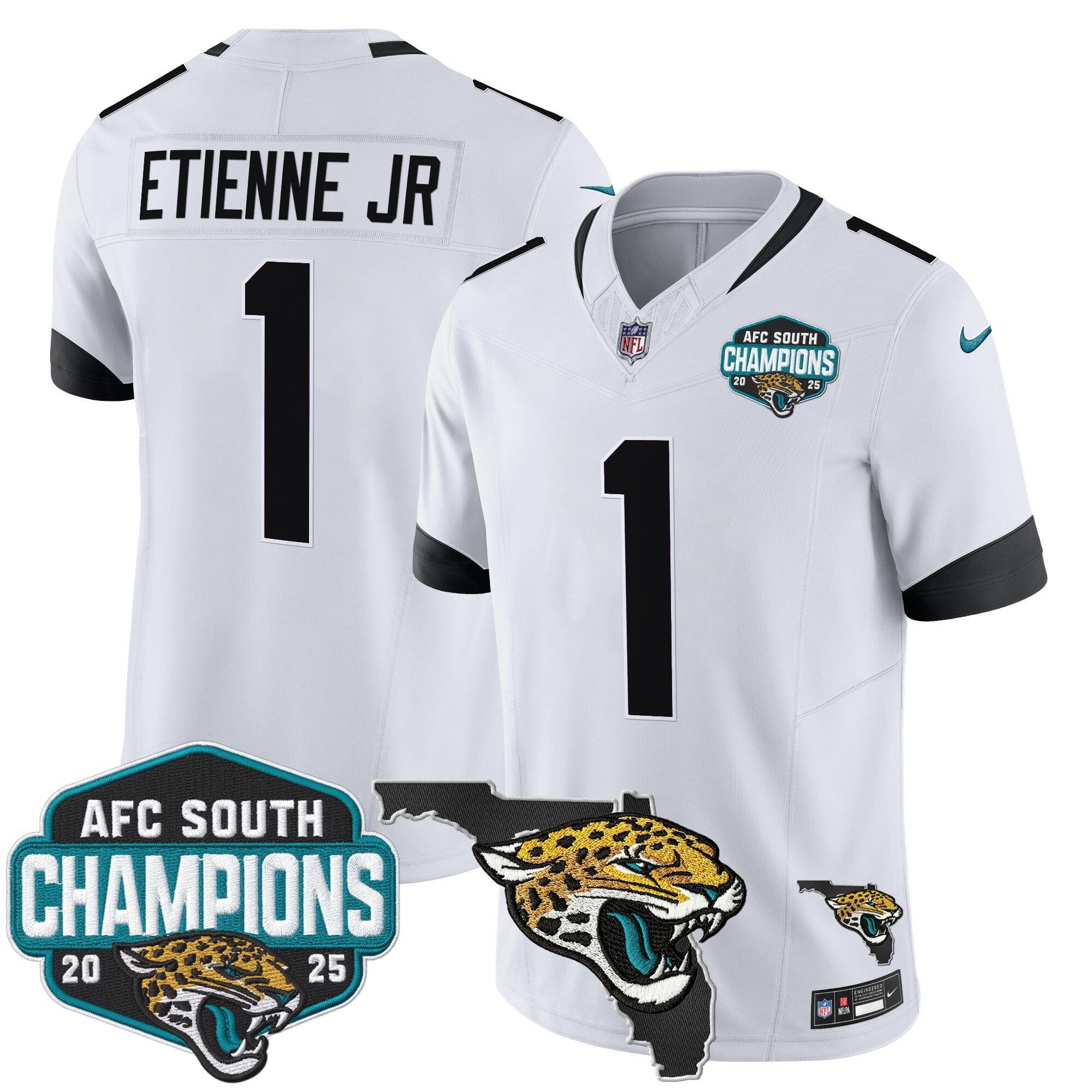 Men's Jacksonville Jaguars 2025 AFC South Division Champions & Florida Patch Vapor Jersey - All Stitched