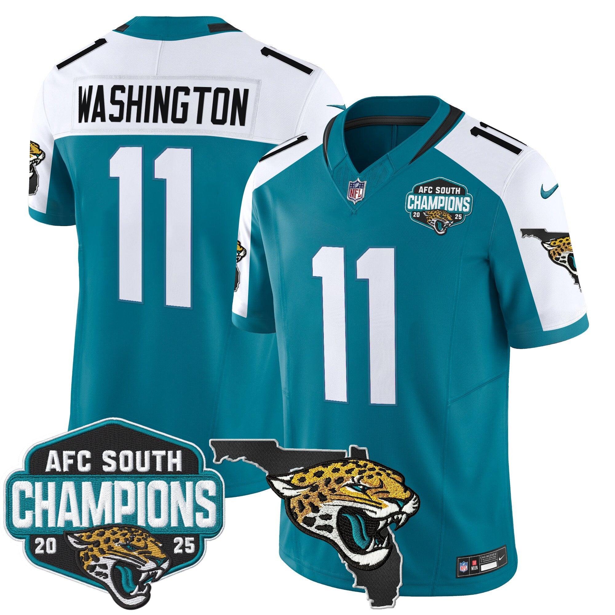 Men's Jacksonville Jaguars 2025 AFC South Division Champions & Florida Patch Vapor Jersey - All Stitched