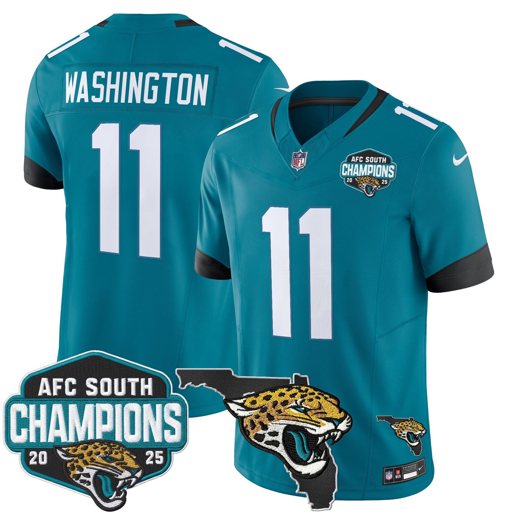 Men's Jacksonville Jaguars 2025 AFC South Division Champions & Florida Patch Vapor Jersey - All Stitched