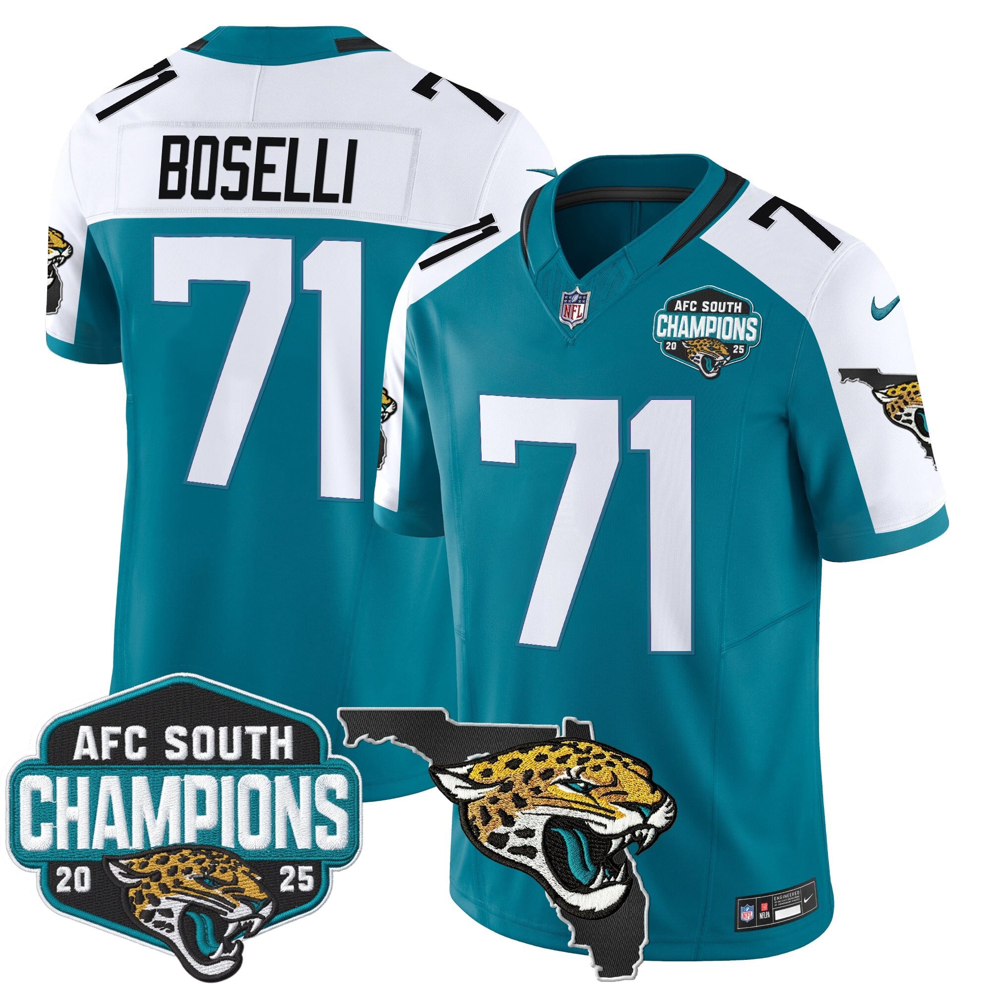 Men's Jacksonville Jaguars 2025 AFC South Division Champions & Florida Patch Vapor Jersey - All Stitched