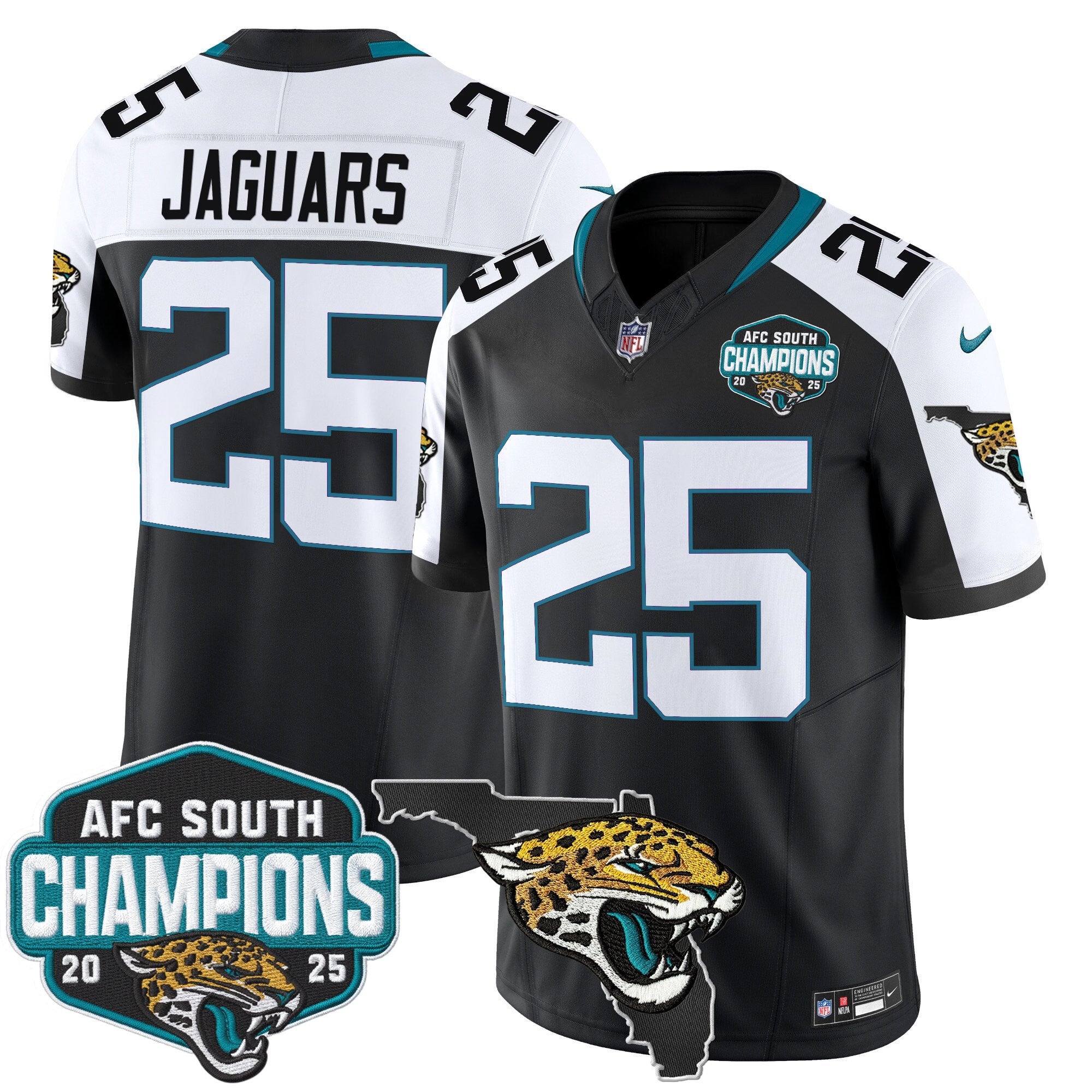 Men's Jacksonville Jaguars 2025 AFC South Division Champions & Florida Patch Vapor Jersey - All Stitched