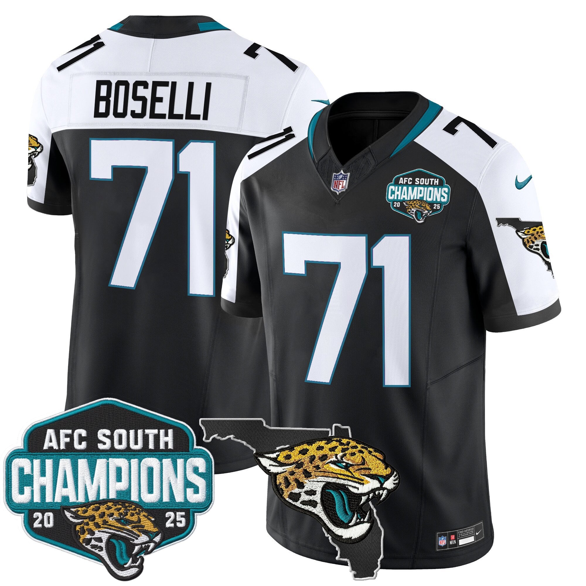 Men's Jacksonville Jaguars 2025 AFC South Division Champions & Florida Patch Vapor Jersey - All Stitched
