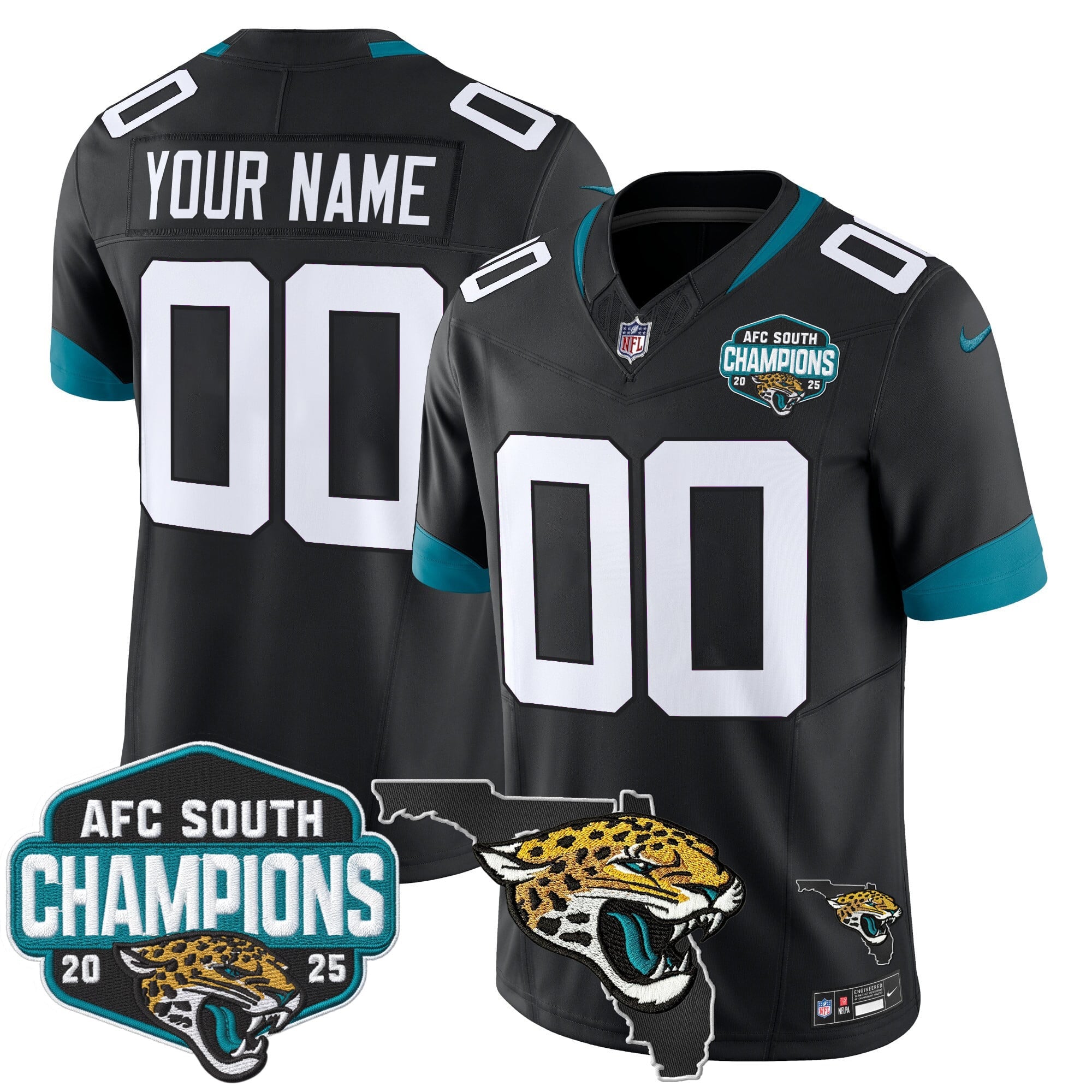 Jacksonville Jaguars 2025 AFC South Division Champions & Florida Patch Vapor Custom Jersey - All Stitched