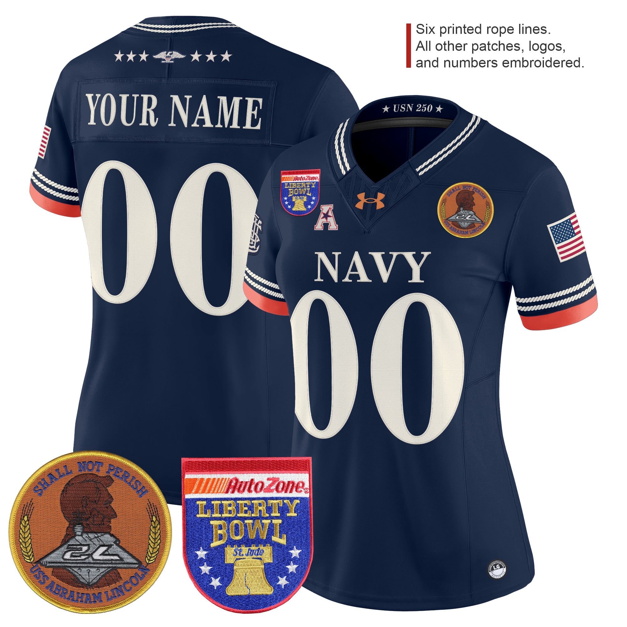 Navy Midshipmen 250th Anniversary Vapor Limited Custom Jersey - 2026 Liberty Bowl Patch - Stitched