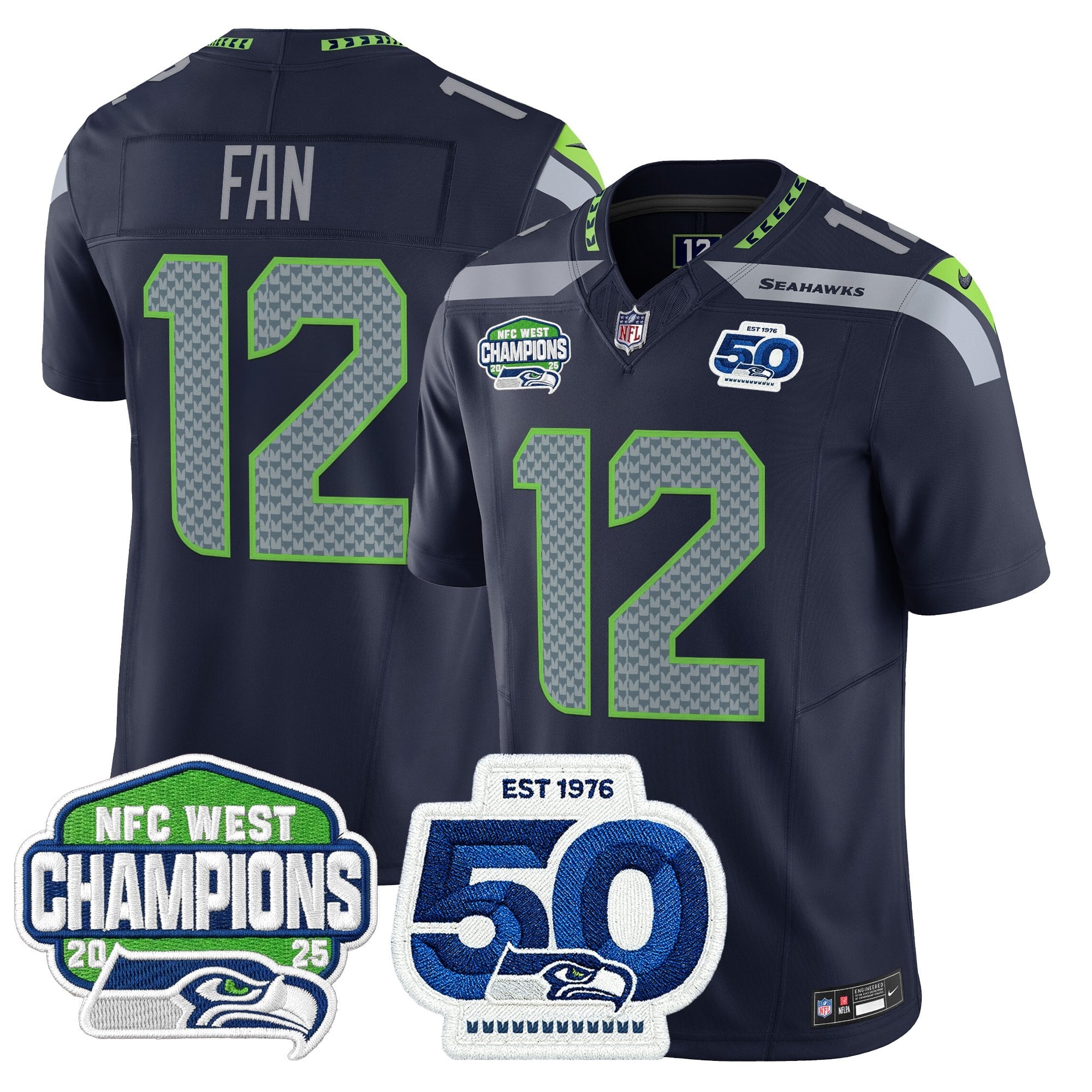 Men's Seattle Seahawks 2025 NFC West Division Champions & 50th Anniversary Patch Vapor Limited Jersey - All Stitched