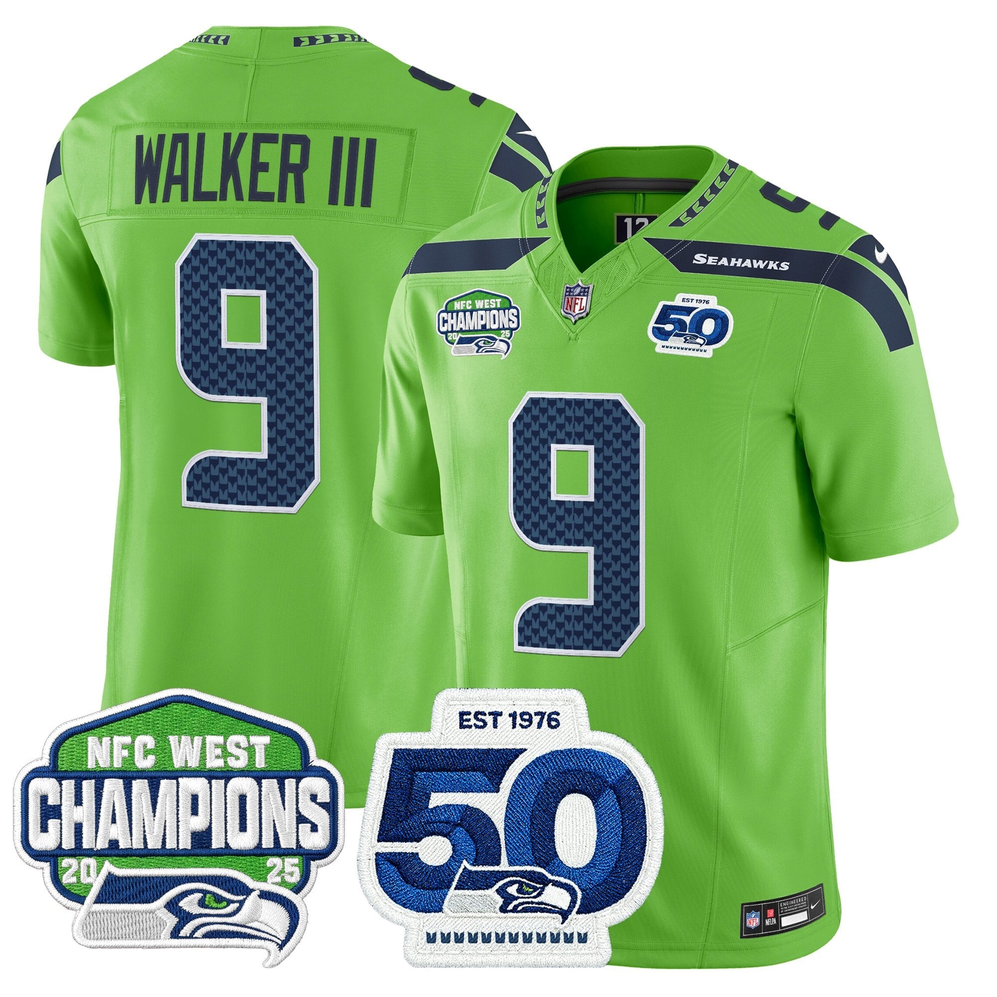 Men's Seattle Seahawks 2025 NFC West Division Champions & 50th Anniversary Patch Vapor Limited Jersey - All Stitched