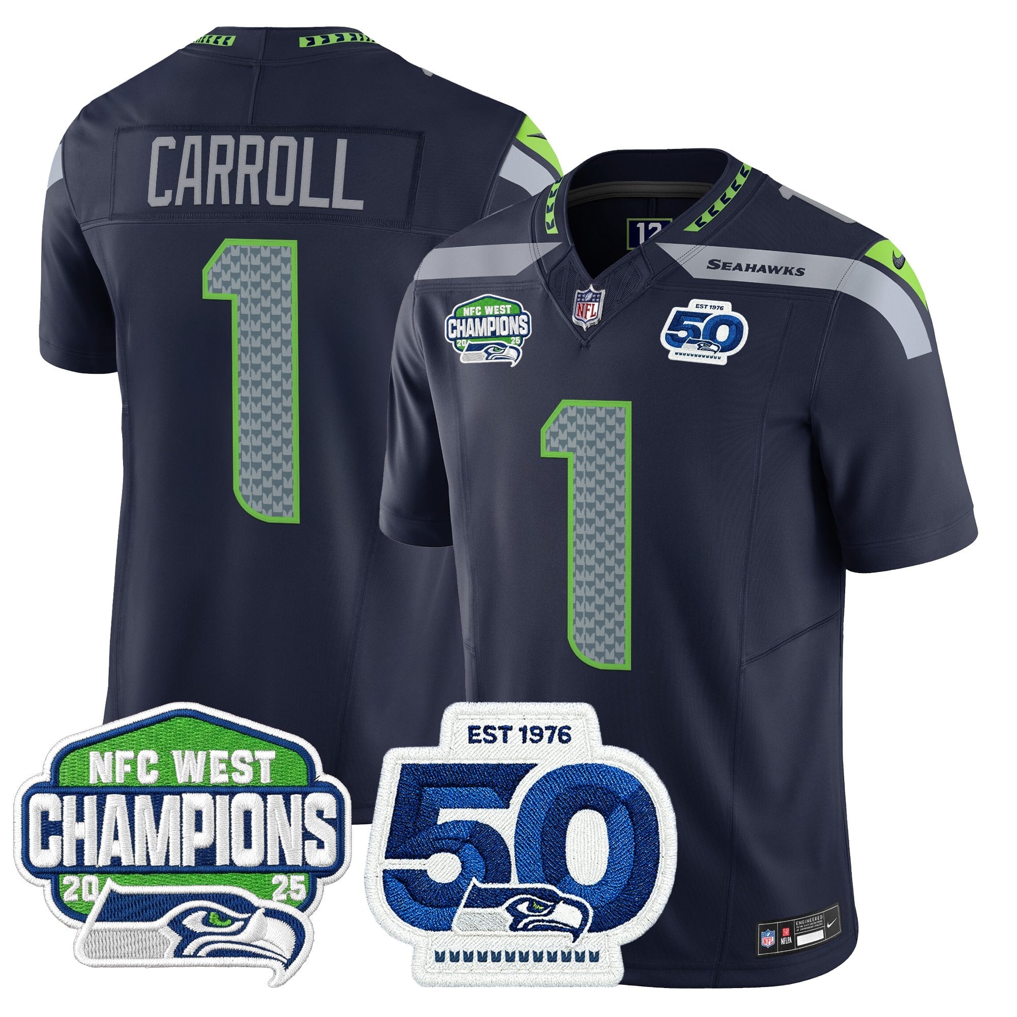 Men's Seattle Seahawks 2025 NFC West Division Champions & 50th Anniversary Patch Vapor Limited Jersey - All Stitched