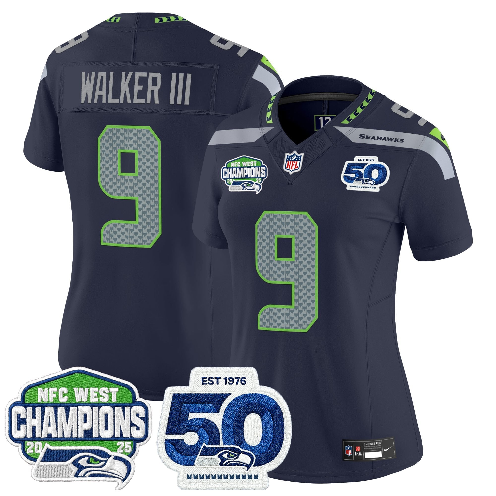 Women's Seattle Seahawks 2025 NFC West Division Champions & 50th Anniversary Patch Vapor Limited Jersey - All Stitched