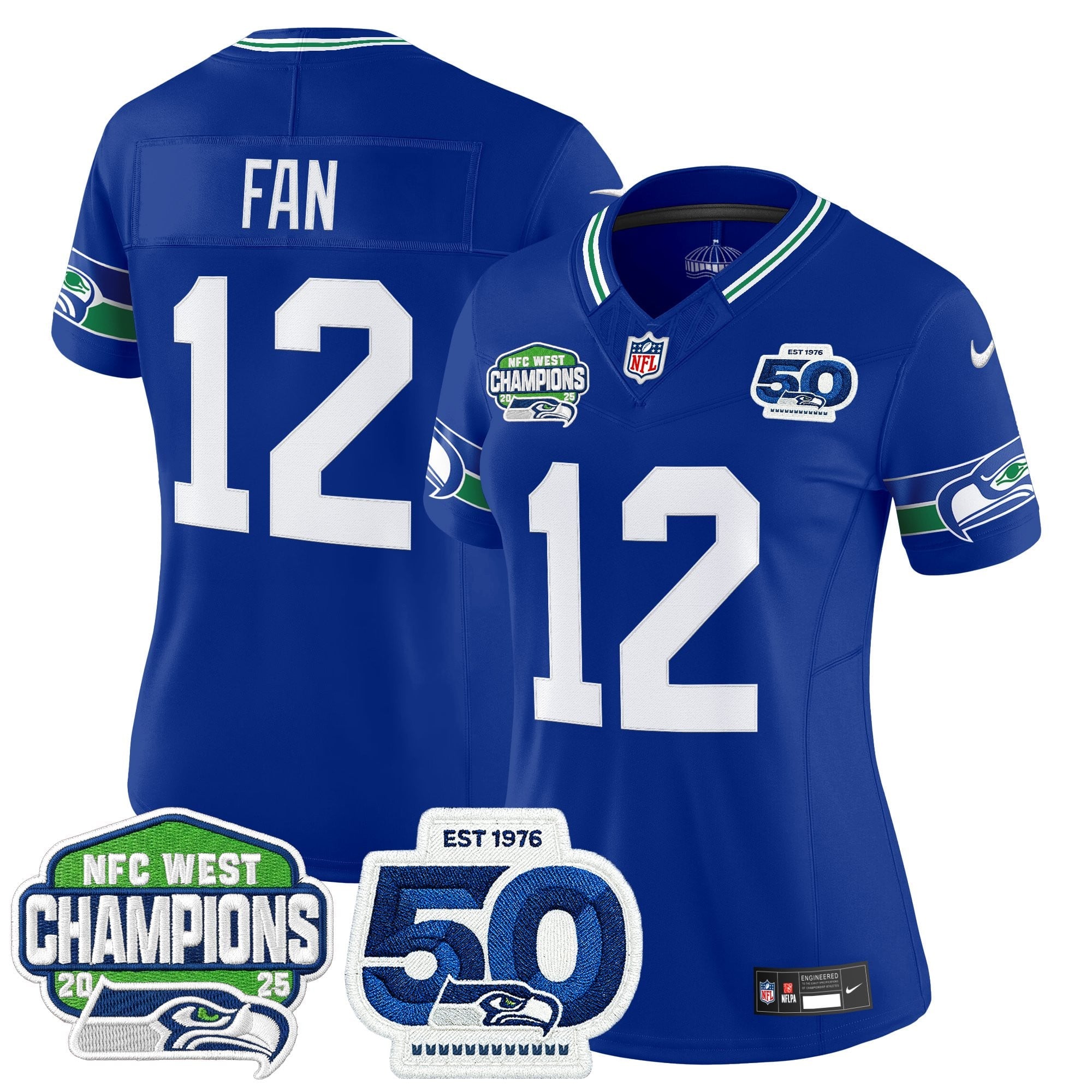 Women's Seattle Seahawks 2025 NFC West Division Champions & 50th Anniversary Patch Vapor Limited Jersey - All Stitched