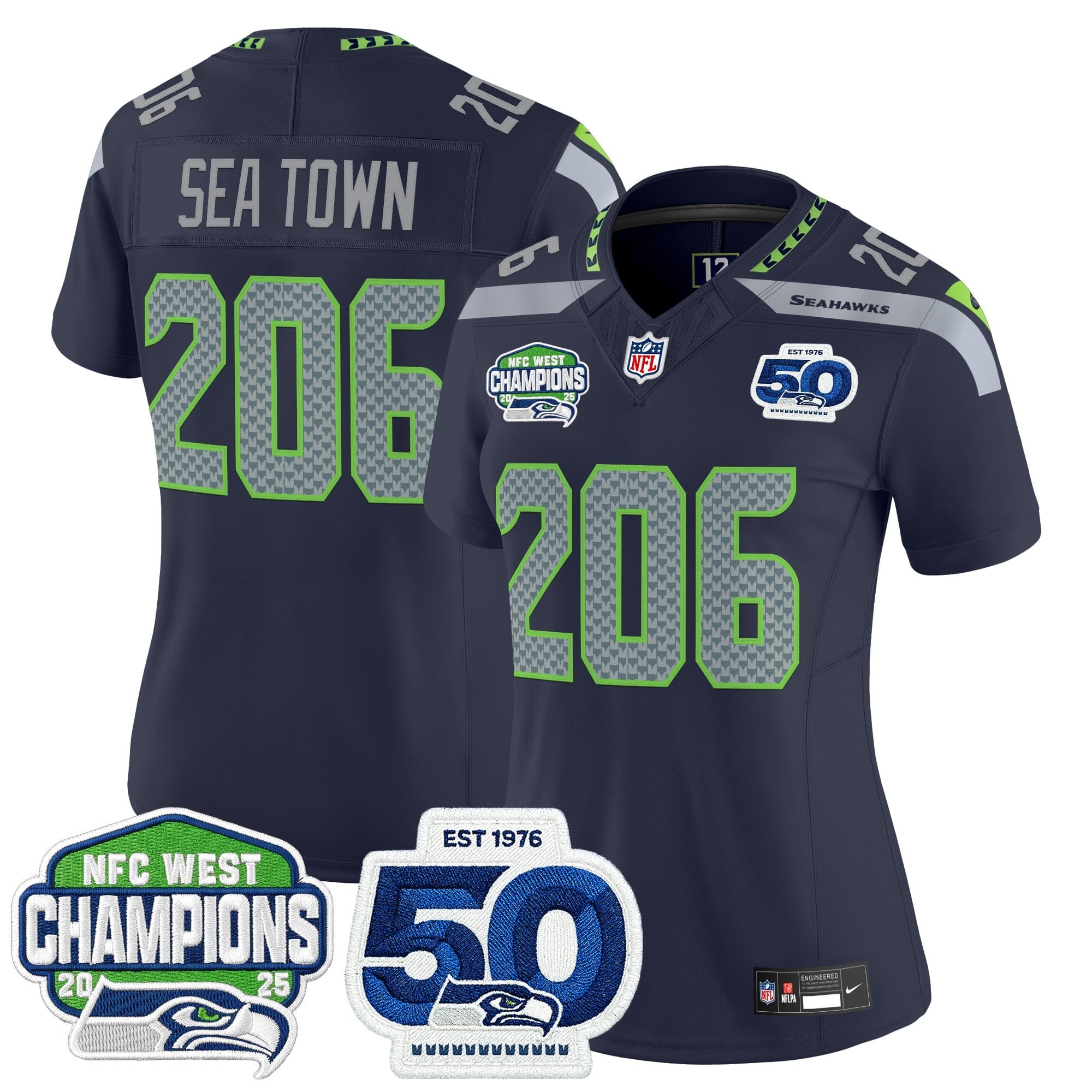 Women's Seattle Seahawks 2025 NFC West Division Champions & 50th Anniversary Patch Vapor Limited Jersey - All Stitched