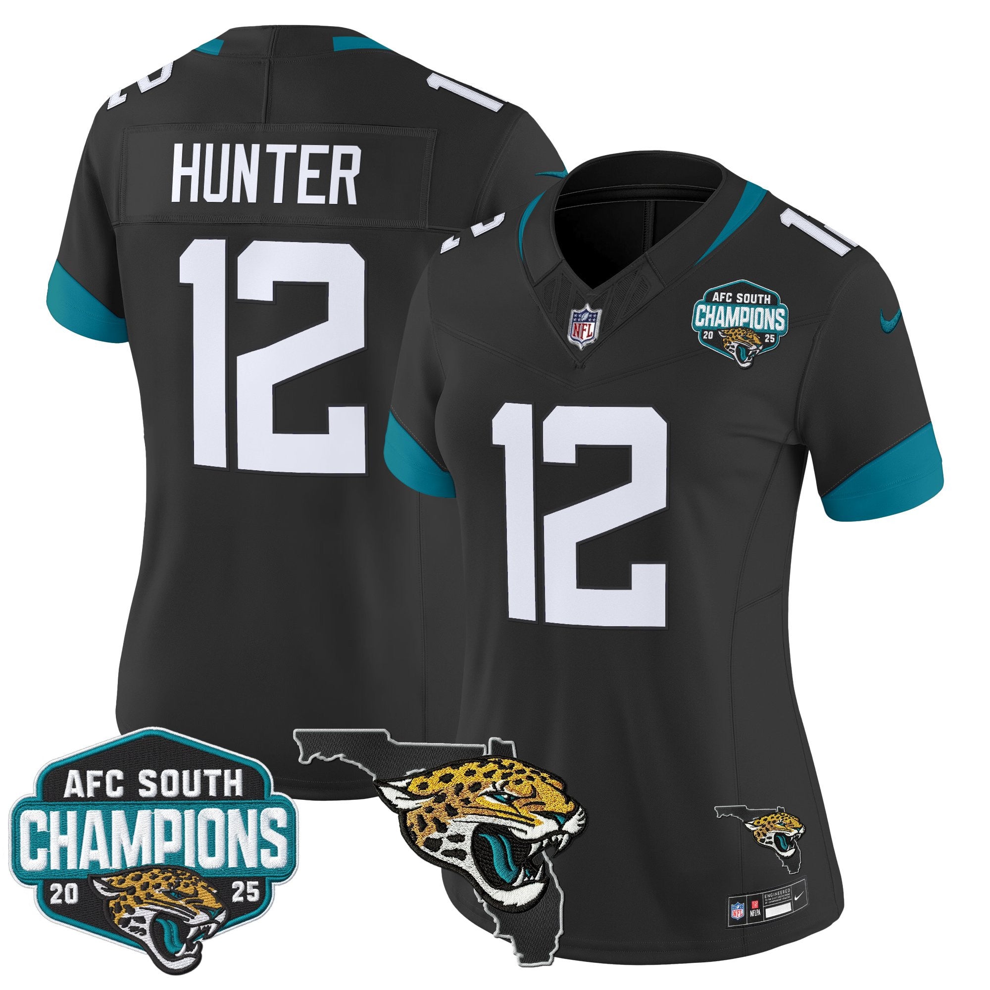 Women's Jacksonville Jaguars 2025 AFC South Division Champions & Florida Patch Vapor Jersey - All Stitched